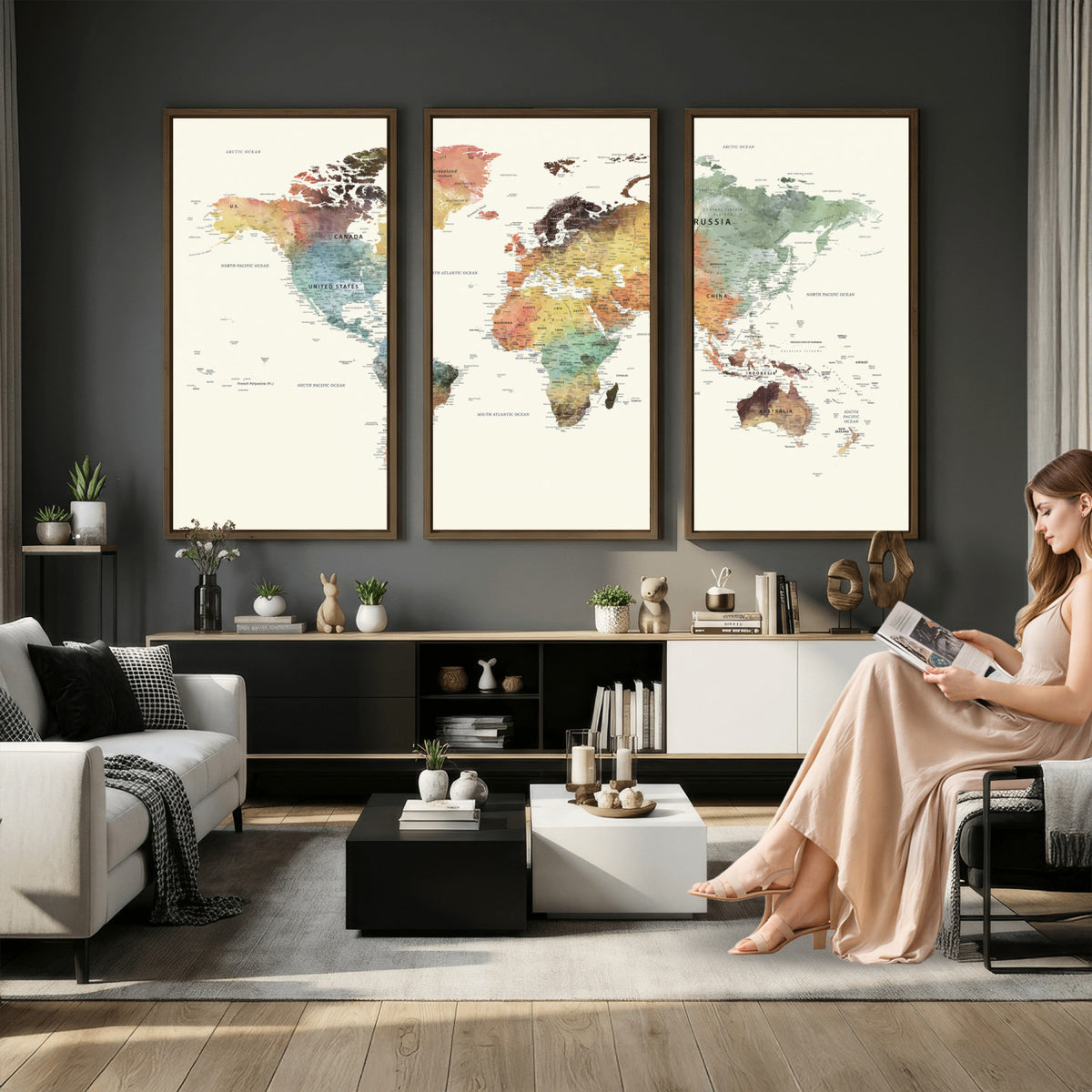 64206059-MGV-CV-36X24 - Framed World Map Wall Art Canvas Print for Living Room and Study Room