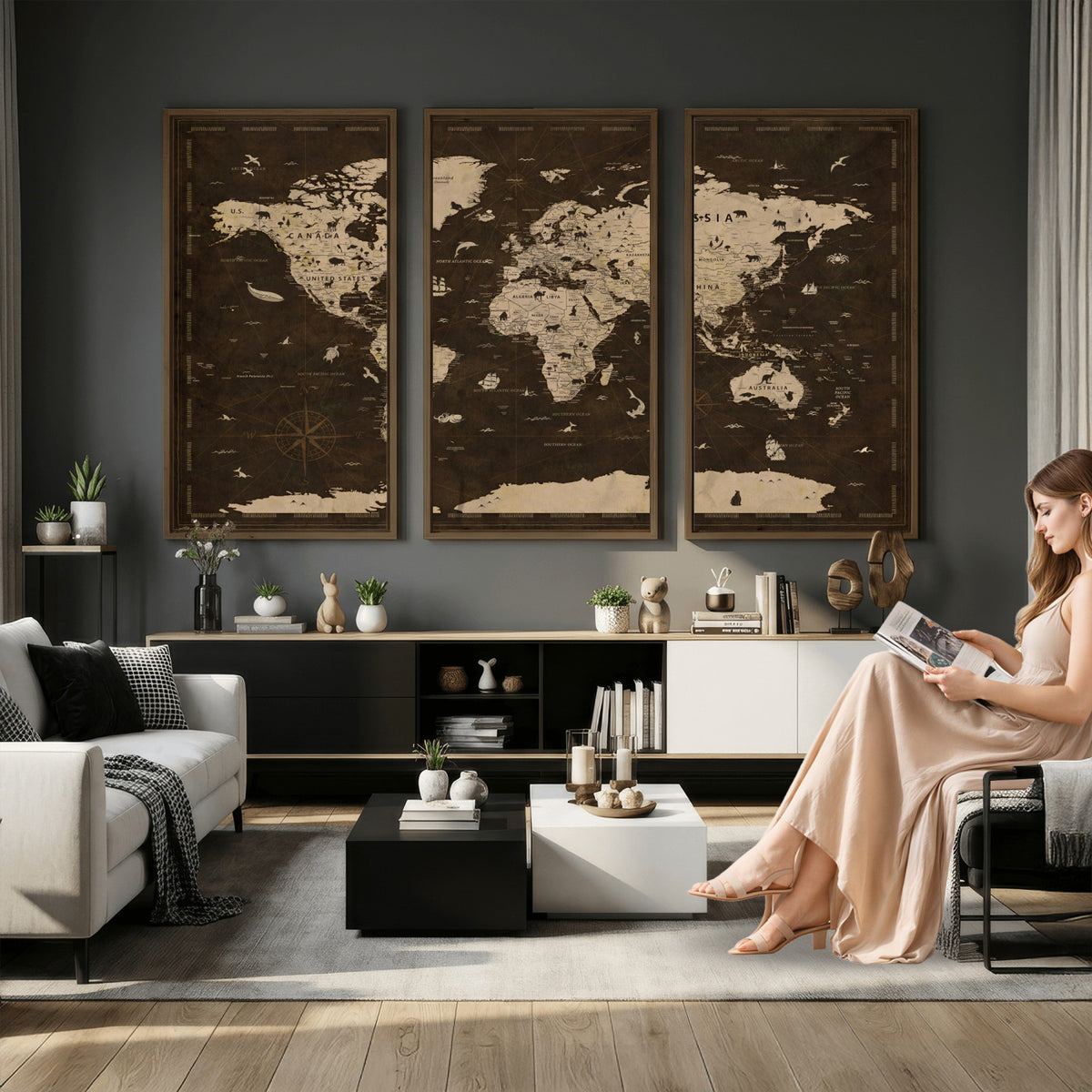 44276398-MGV-CV-36X24 - World Map Wall Art Canvas Print, Modern Decorative Framed Map Artwork Prints for Living Room, Office, Bedroom Wall Decor