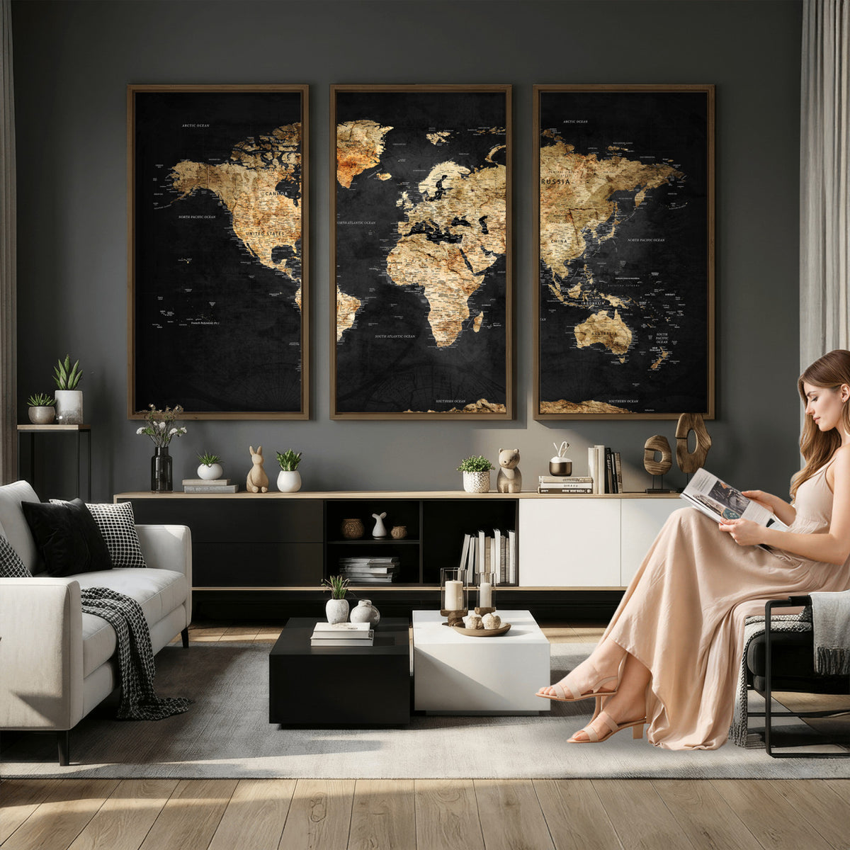 23568589-MGV-CV-36X24 - World Map Wall Art Canvas Print, Modern Decorative Framed Map Artwork Prints for Living Room, Office, Bedroom Wall Decor