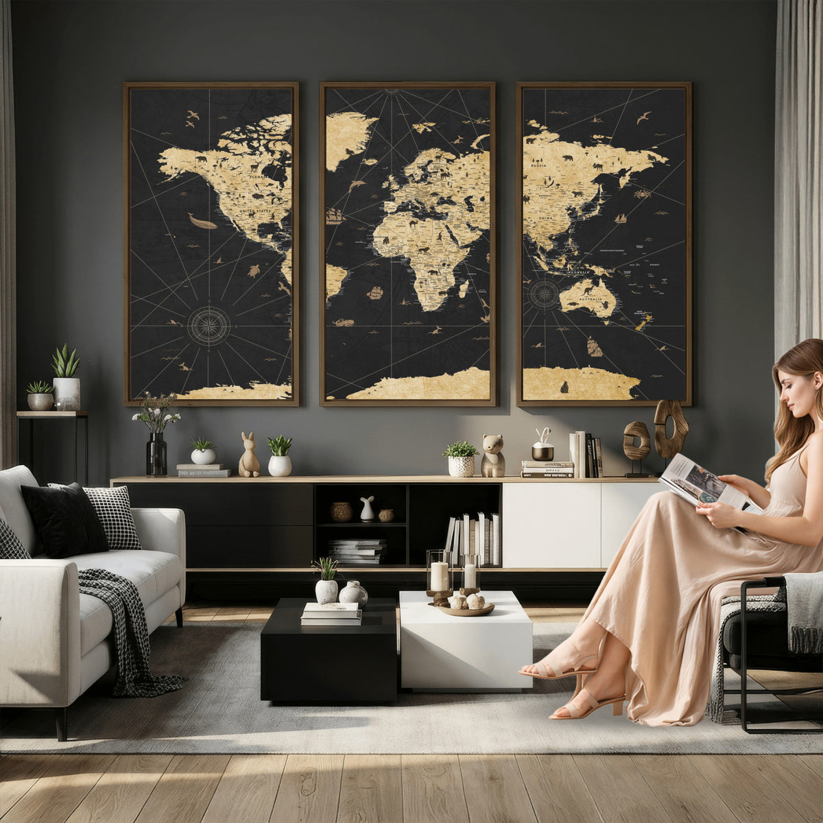 80270976-MGV-CV-36X24 - World Map Wall Art Canvas Print, Modern Decorative Framed Map Artwork Prints for Living Room, Office, Bedroom Wall Decor