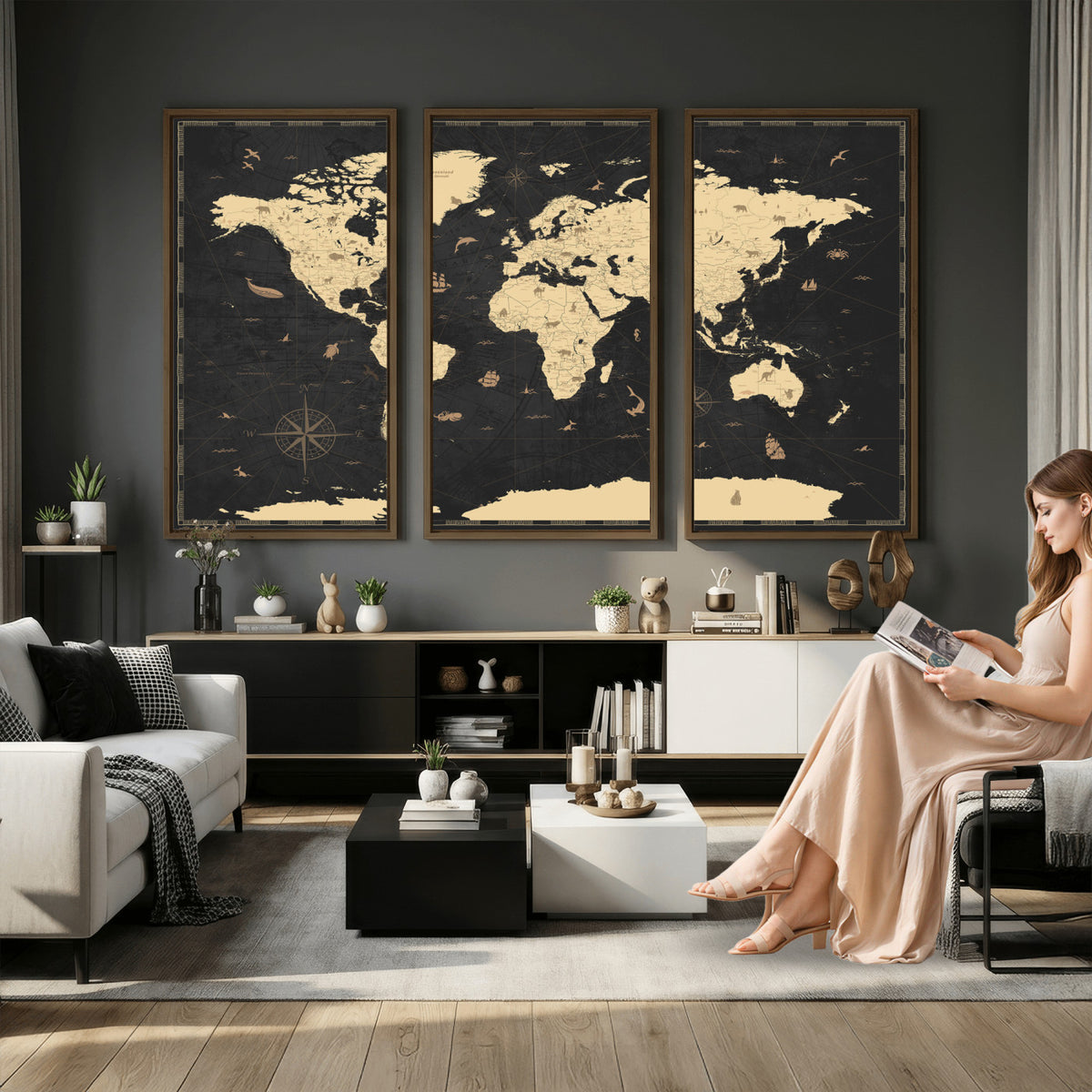 75220264-MGV-CV-36X24 - World Map Wall Art Canvas Print, Modern Decorative Framed Map Artwork Prints for Living Room, Office, Bedroom Wall Decor