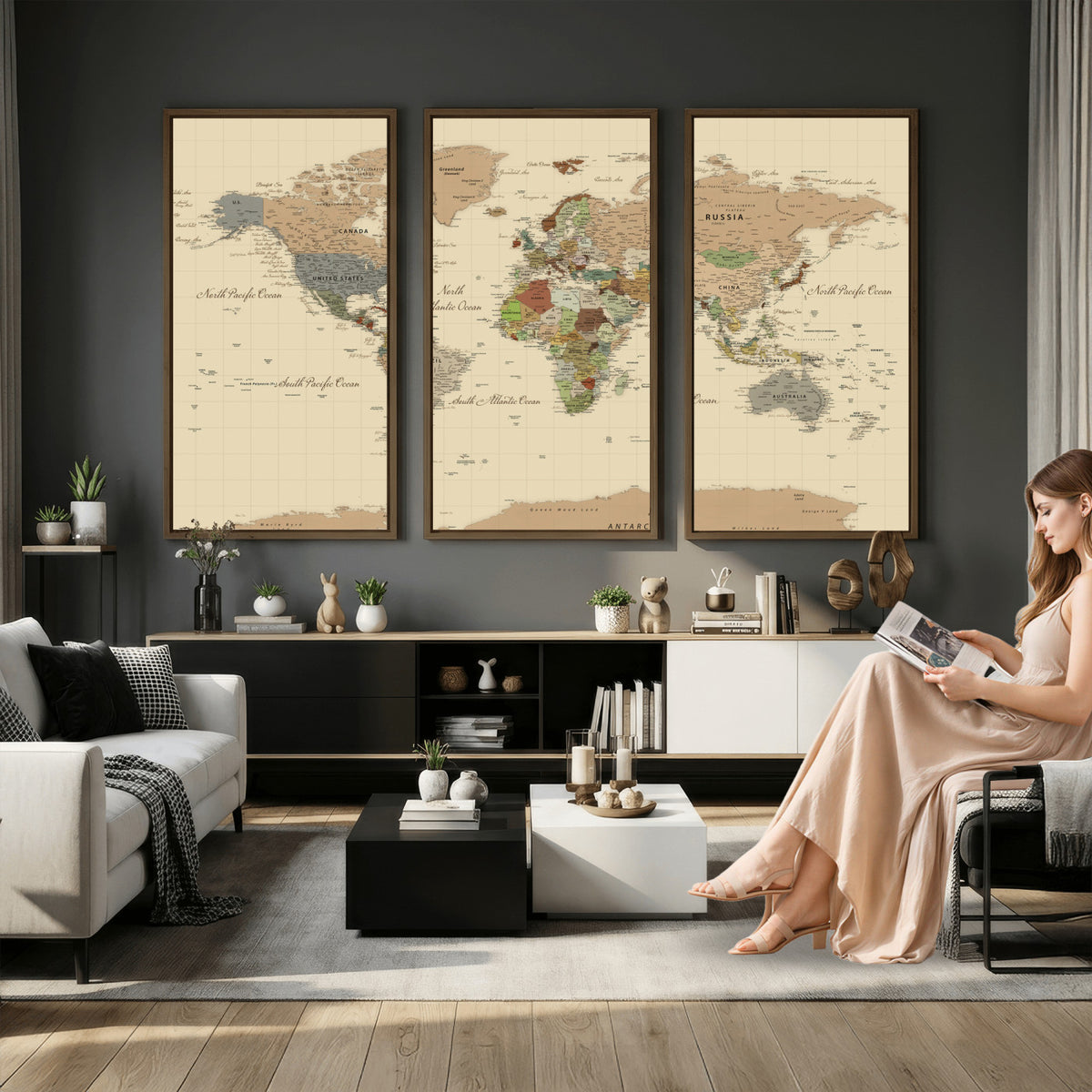 31407854-MGV-CV-36X24 - World Map Wall Art Canvas Print, Modern Decorative Framed Map Artwork Prints for Living Room, Office, Bedroom Wall Decor