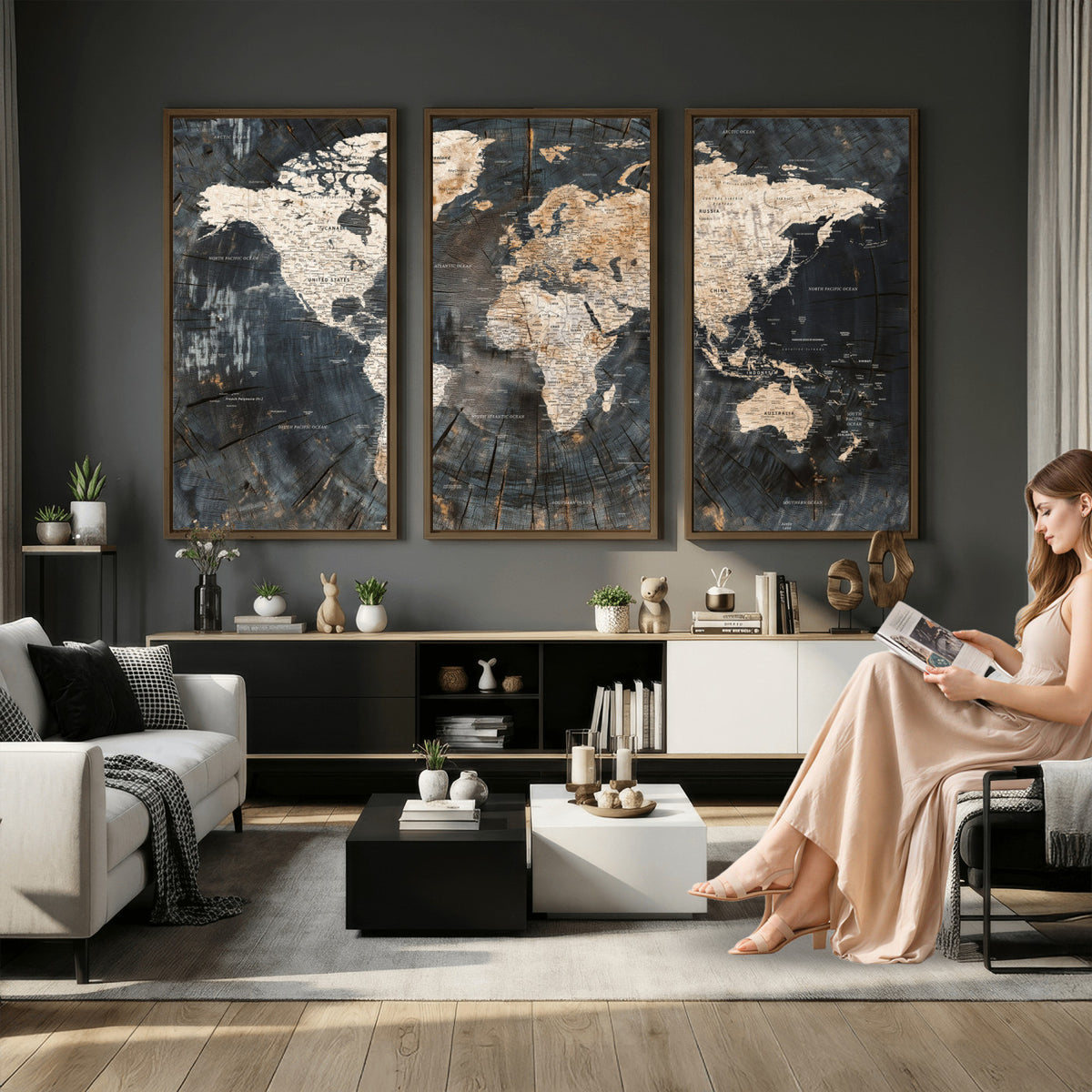 89162112-MGV-CV-36X24 - World Map Wall Art Canvas Print, Modern Decorative Framed Map Artwork Prints for Living Room, Office, Bedroom Wall Decor