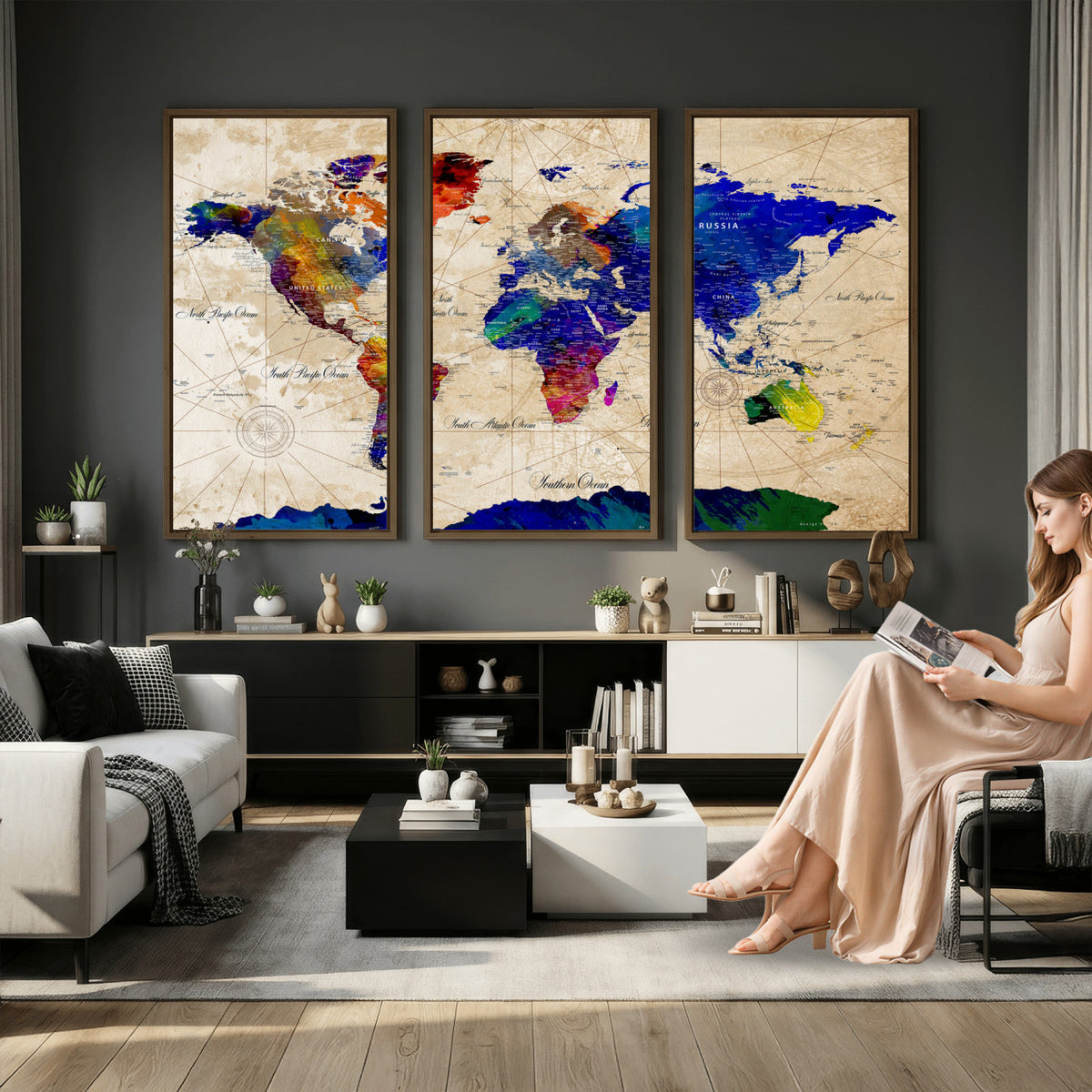 26284075-MGV-CV-36X24 - World Map Wall Art Canvas Print, Modern Decorative Framed Map Artwork Prints for Living Room, Office, Bedroom Wall Decor
