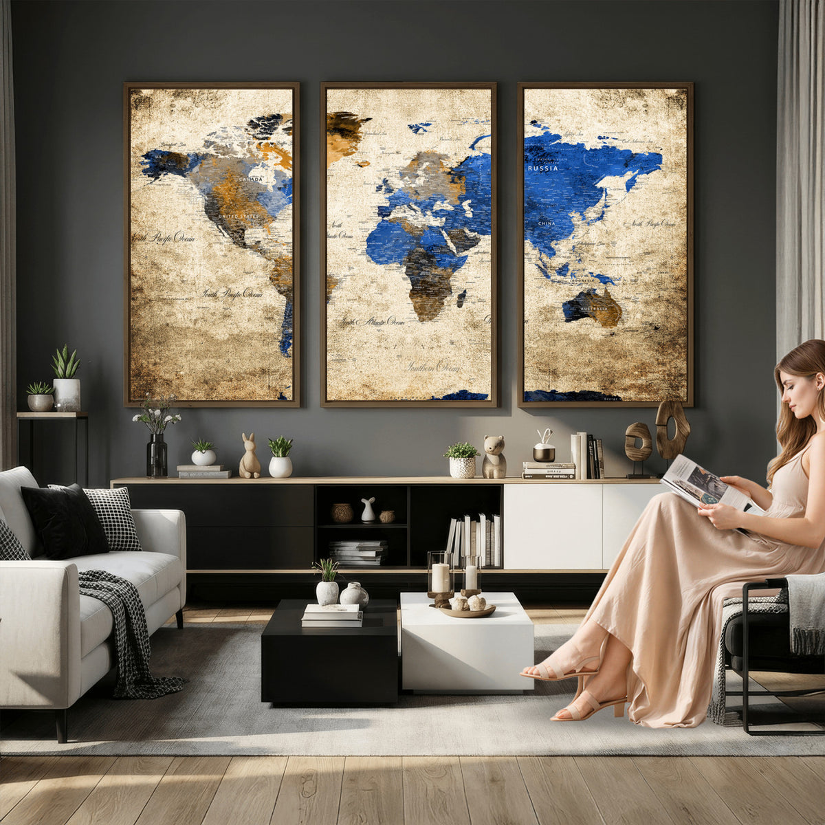 27314341-MGV-CV-36X24 - World Map Wall Art Canvas Print, Modern Decorative Framed Map Artwork Prints for Living Room, Office, Bedroom Wall Decor
