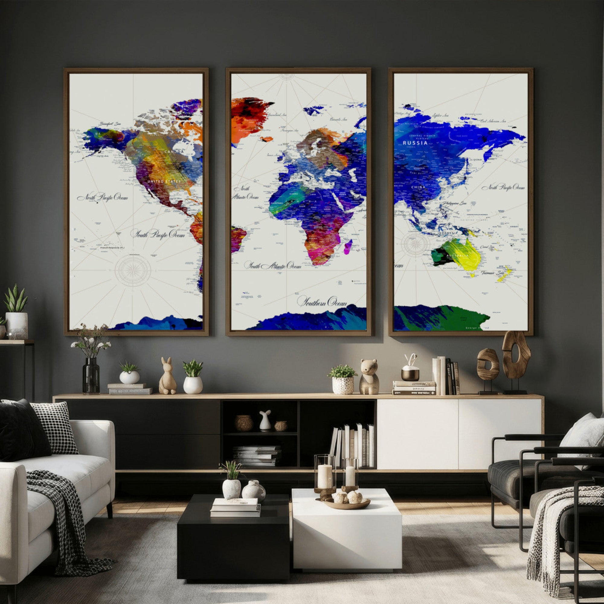 49670038-MGV-CV-36X24 - World Map Wall Art Canvas Print, Modern Decorative Framed Map Artwork Prints for Living Room, Office Decor