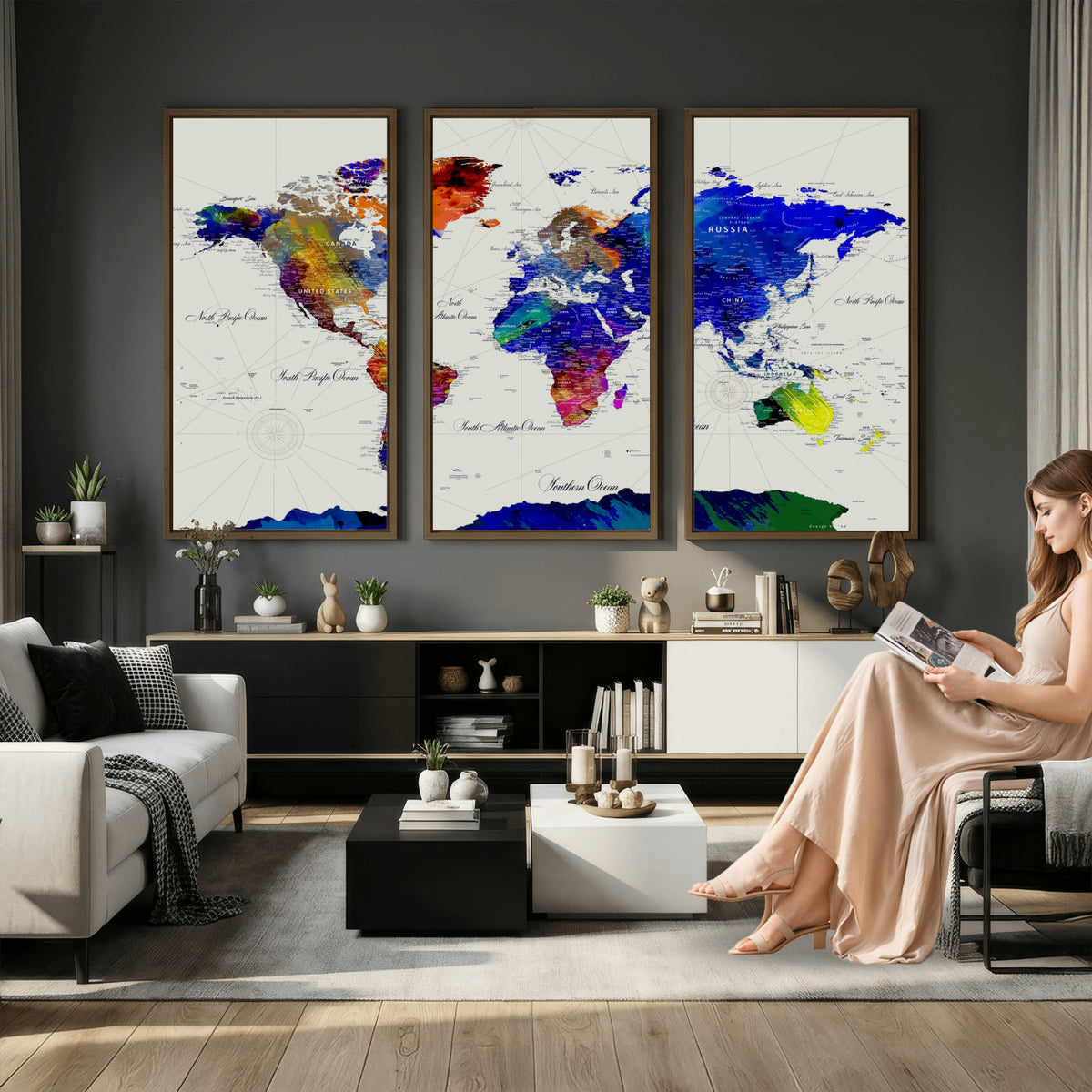 49670038-MGV-CV-36X24 - World Map Wall Art Canvas Print, Modern Decorative Framed Map Artwork Prints for Living Room, Office, Bedroom Wall Decor