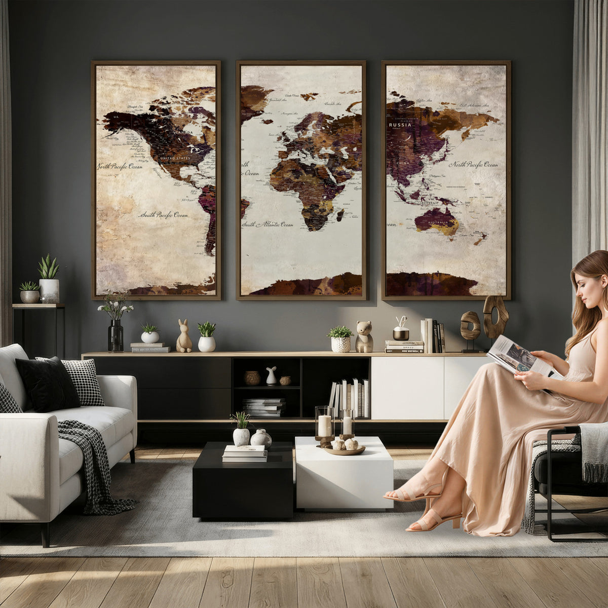 50611123-MGV-CV-36X24 - World Map Canvas Triptych | Colorful Global Wall Art for Living Rooms