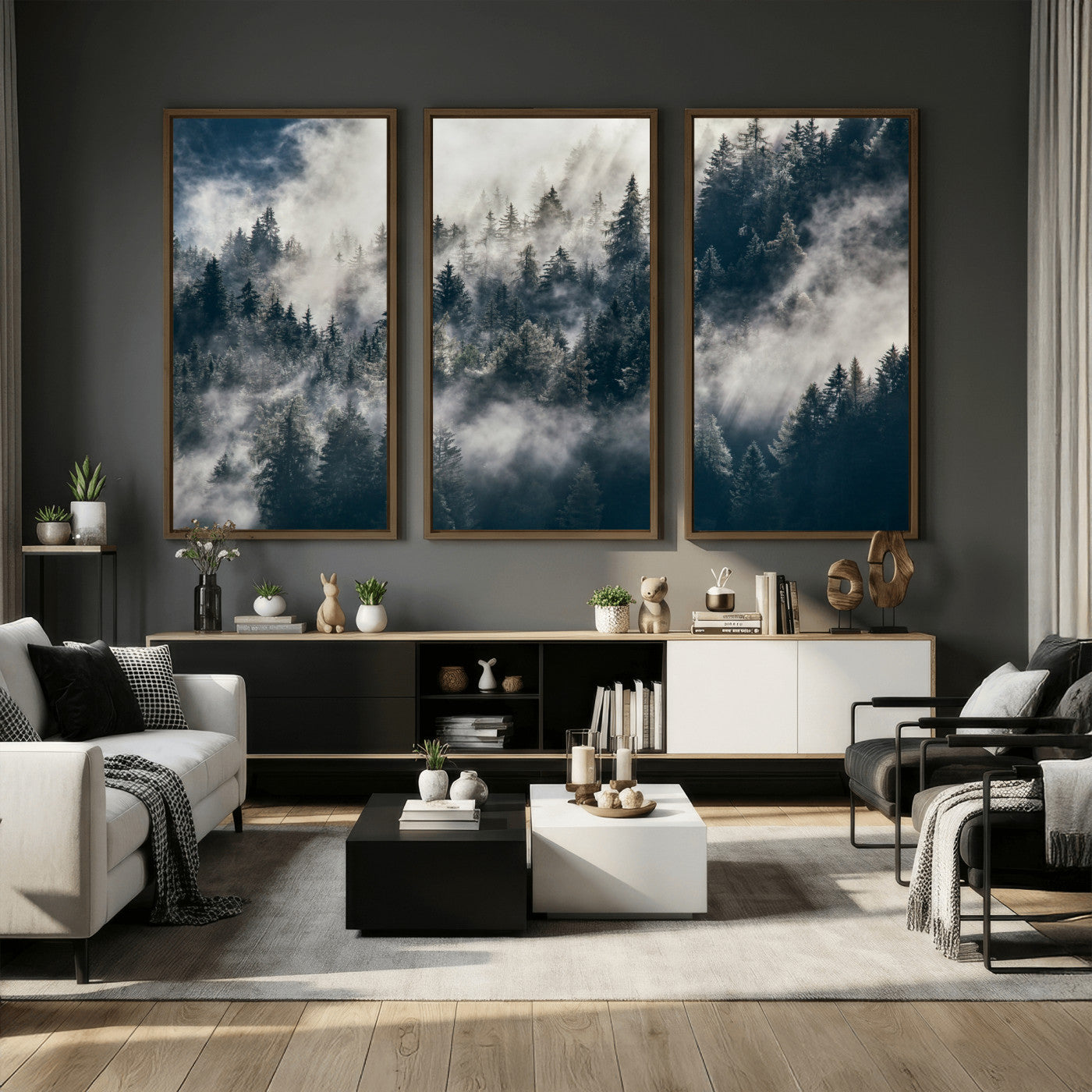 63405824-MGV-CV-36X24 - Foggy Mountain Forest Canvas Print, Misty Pine Trees Nature Wall Art, Framed Canvas Ready to Hang