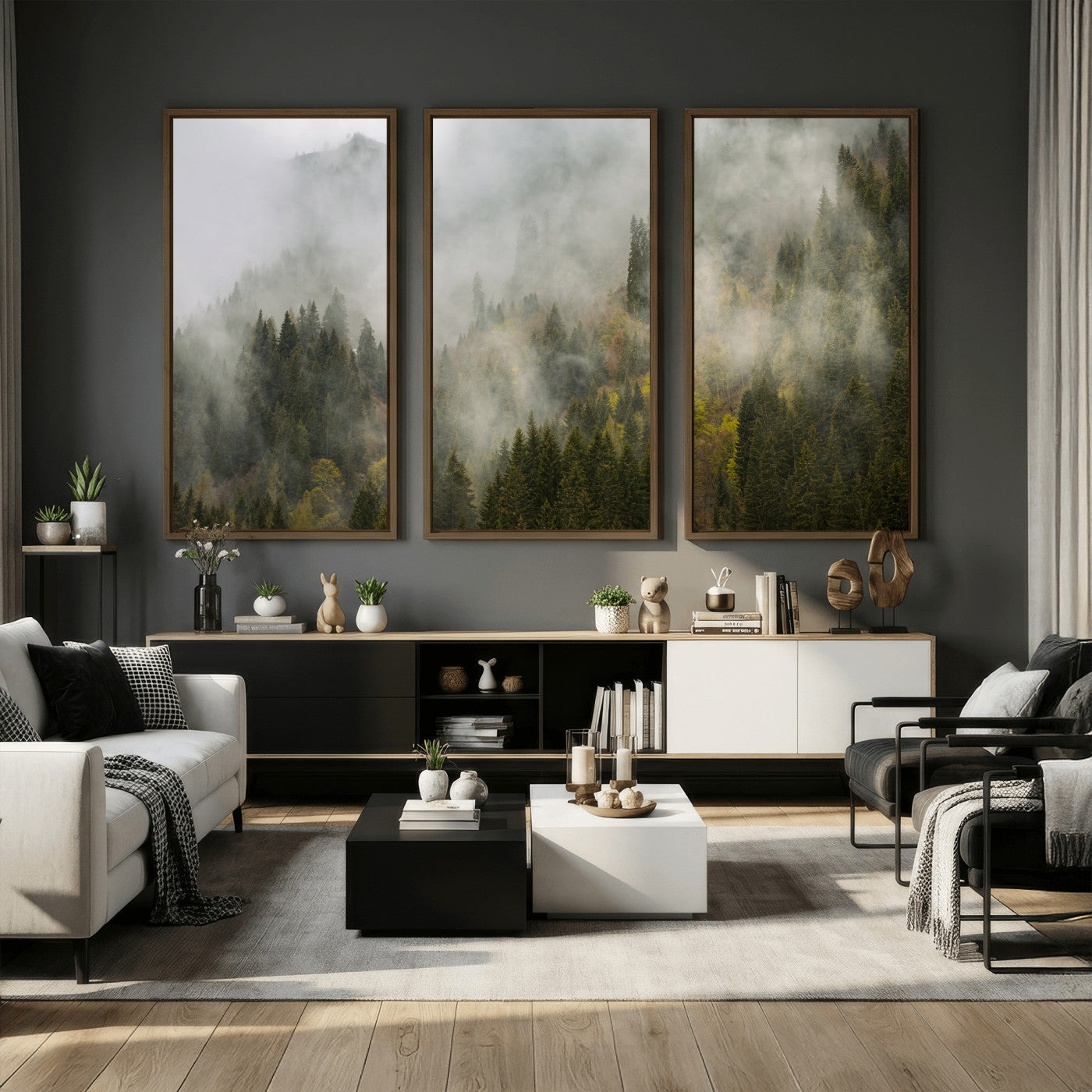 31152954-MGV-CV-36X24 - Misty Mountain Forest Canvas Print, Foggy Pine Trees Nature Wall Art, Framed Canvas Ready to Hang