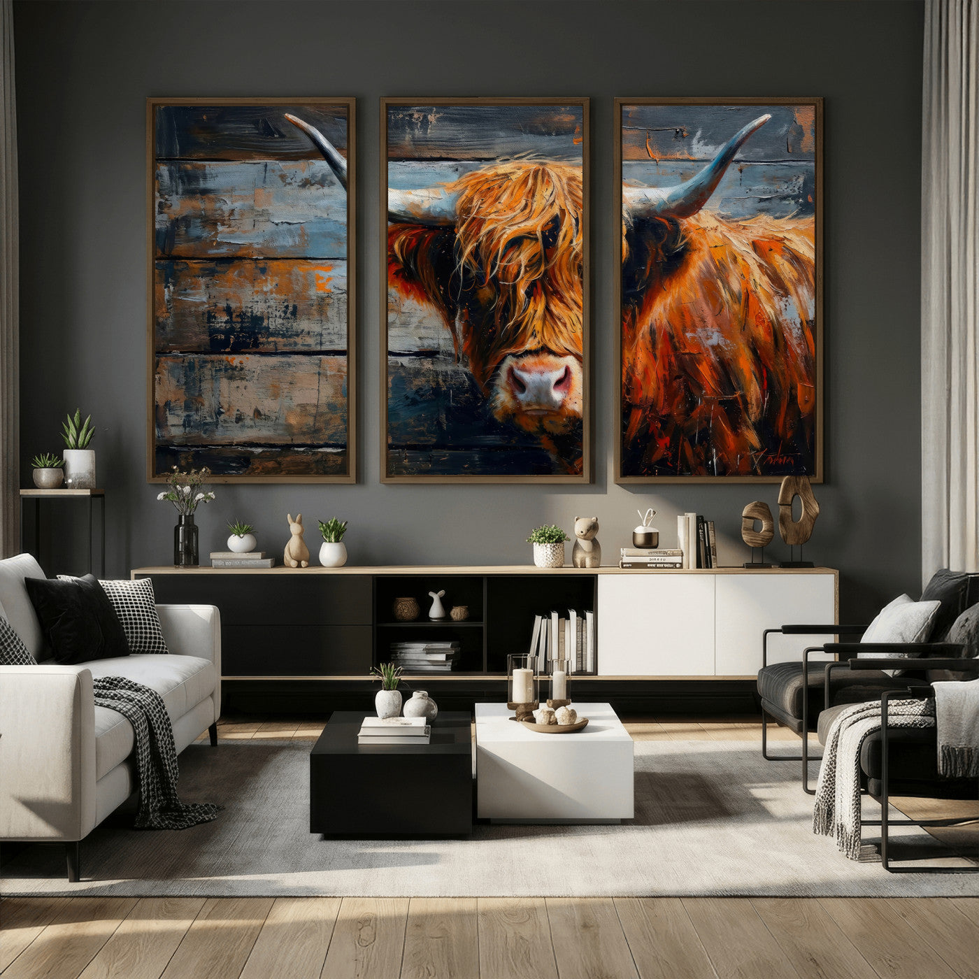 90271423-MGV-CV-36X24 - Highland Cow Wall Art Canvas Print, Abstract Rustic Farm Animal Wall Art Print, Framed Wall Art Ready to Hang