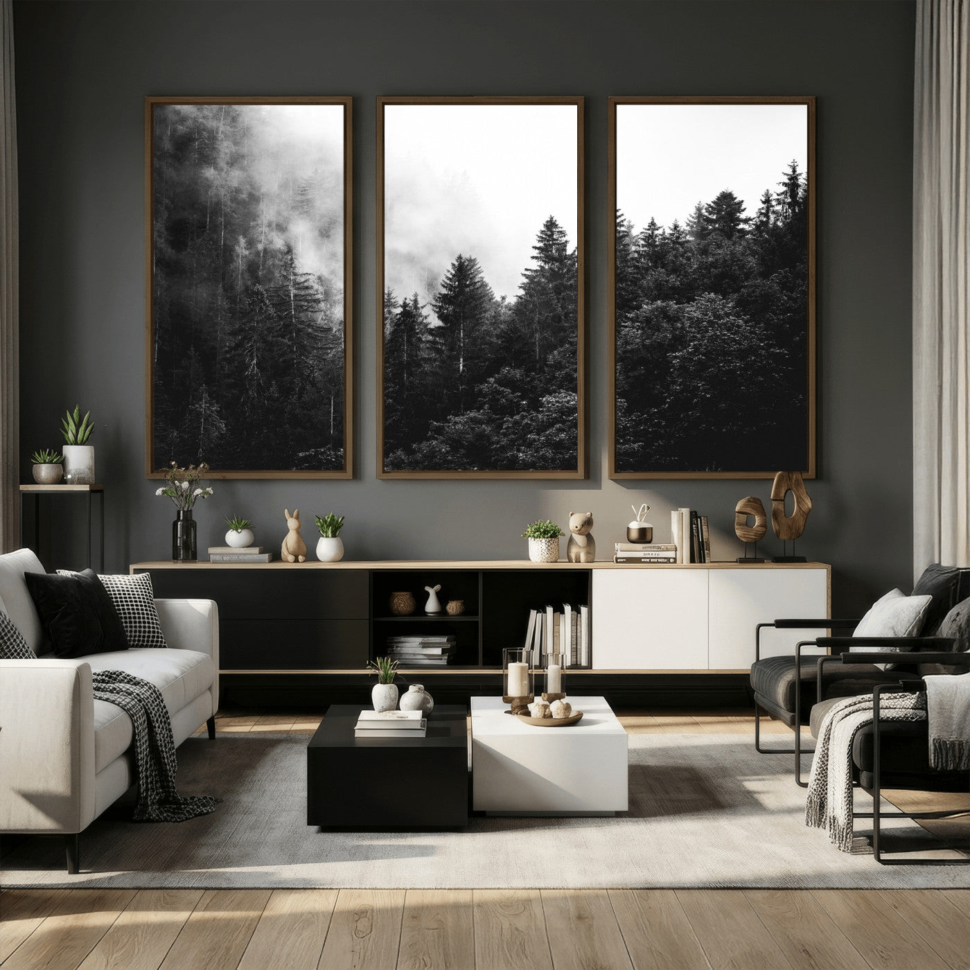 98764151-MGV-CV-36X24 - Black and White Forest Wall Art Canvas Print, Misty Pine Tree Landscape Photography, Framed Wall Art Ready to Hang