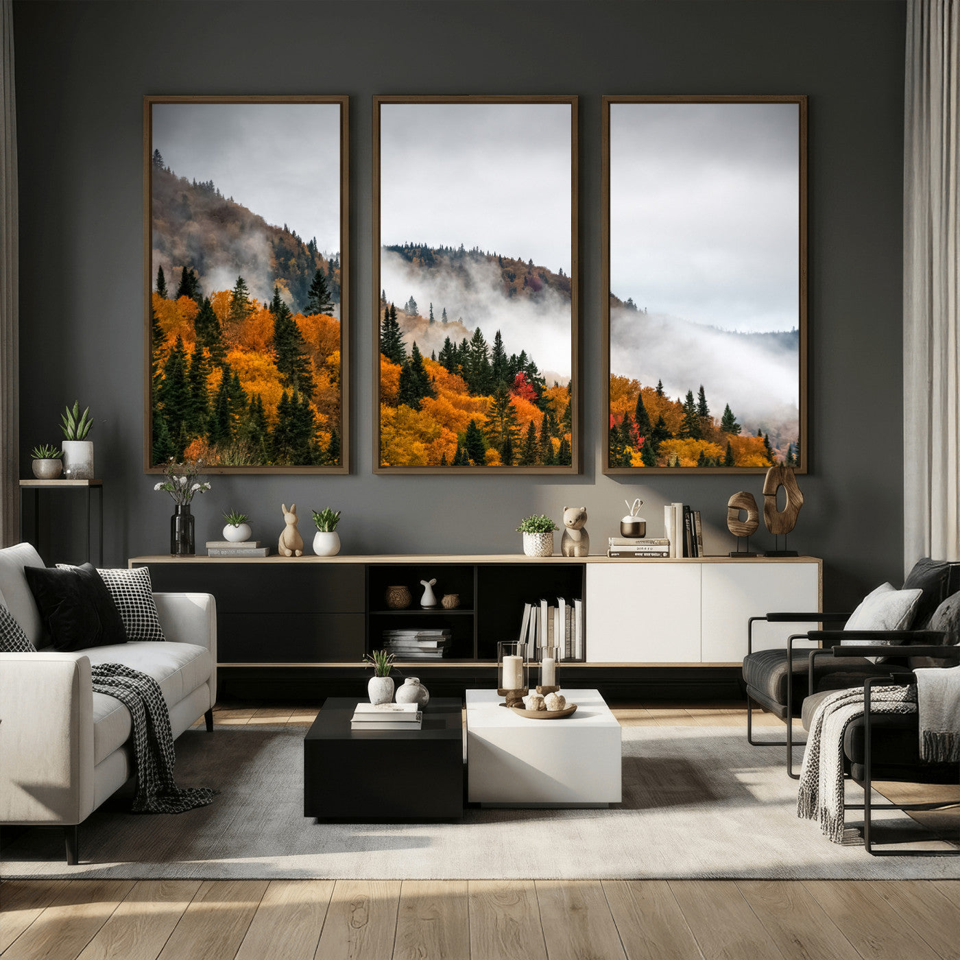 93581632-MGV-CV-36X24 - Autumn Forest Wall Art Canvas Print, Foggy Mountain Landscape Nature Photography, Framed Wall Art Ready to Hang