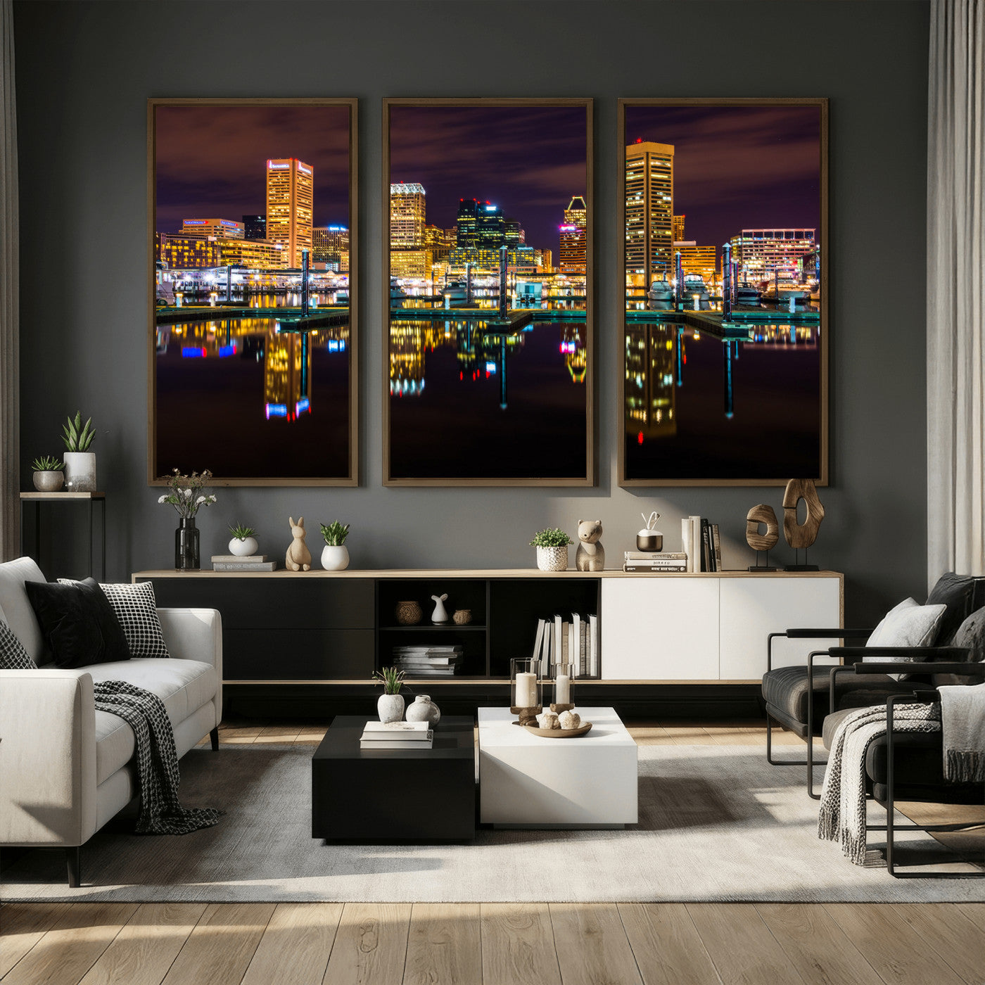 38201692-MGV-CV-36X24 - Baltimore Skyline Wall Art Canvas Print, Baltimore Downtown Night Cityscape Print for Modern Urban Wall Decor