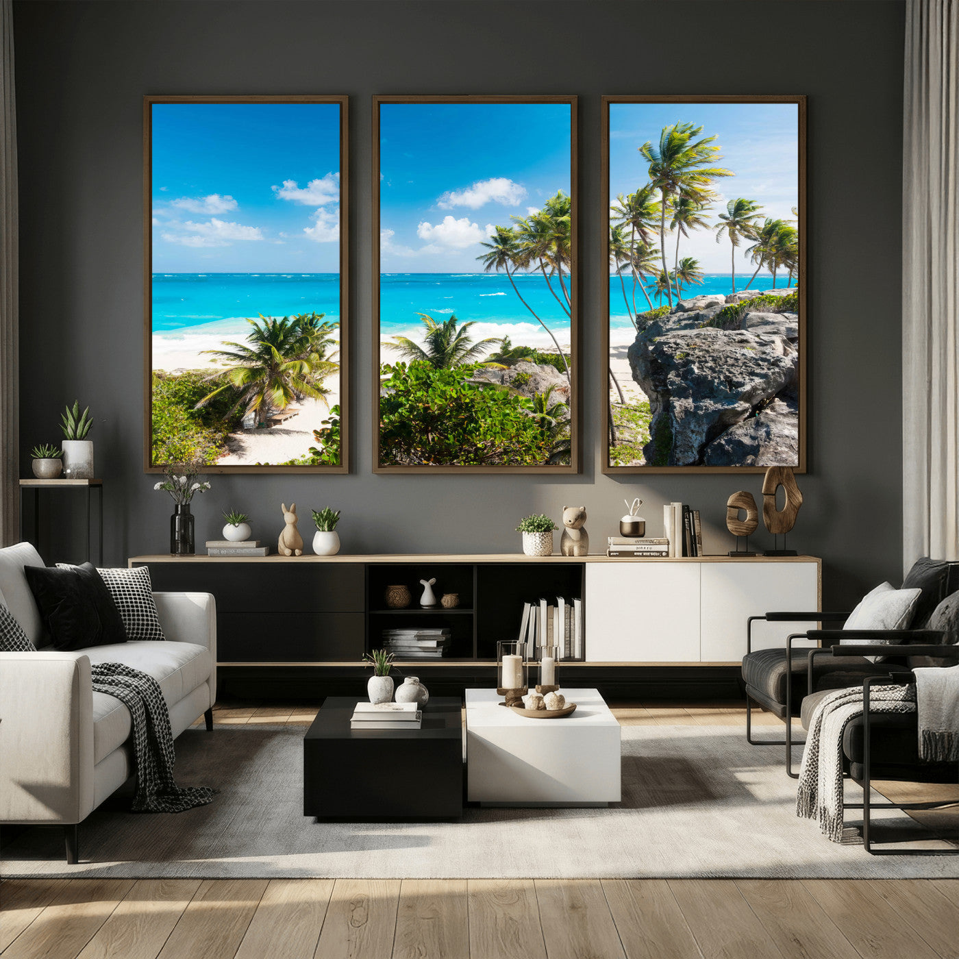 79995168-MGV-CV-36X24 - Barbados Beach Wall Art Canvas Print, Palm Tree Ocean Landscape, Turquoise Sea Coastal Photography, Tropical Island Wall Decor, Framed Ready to Hang