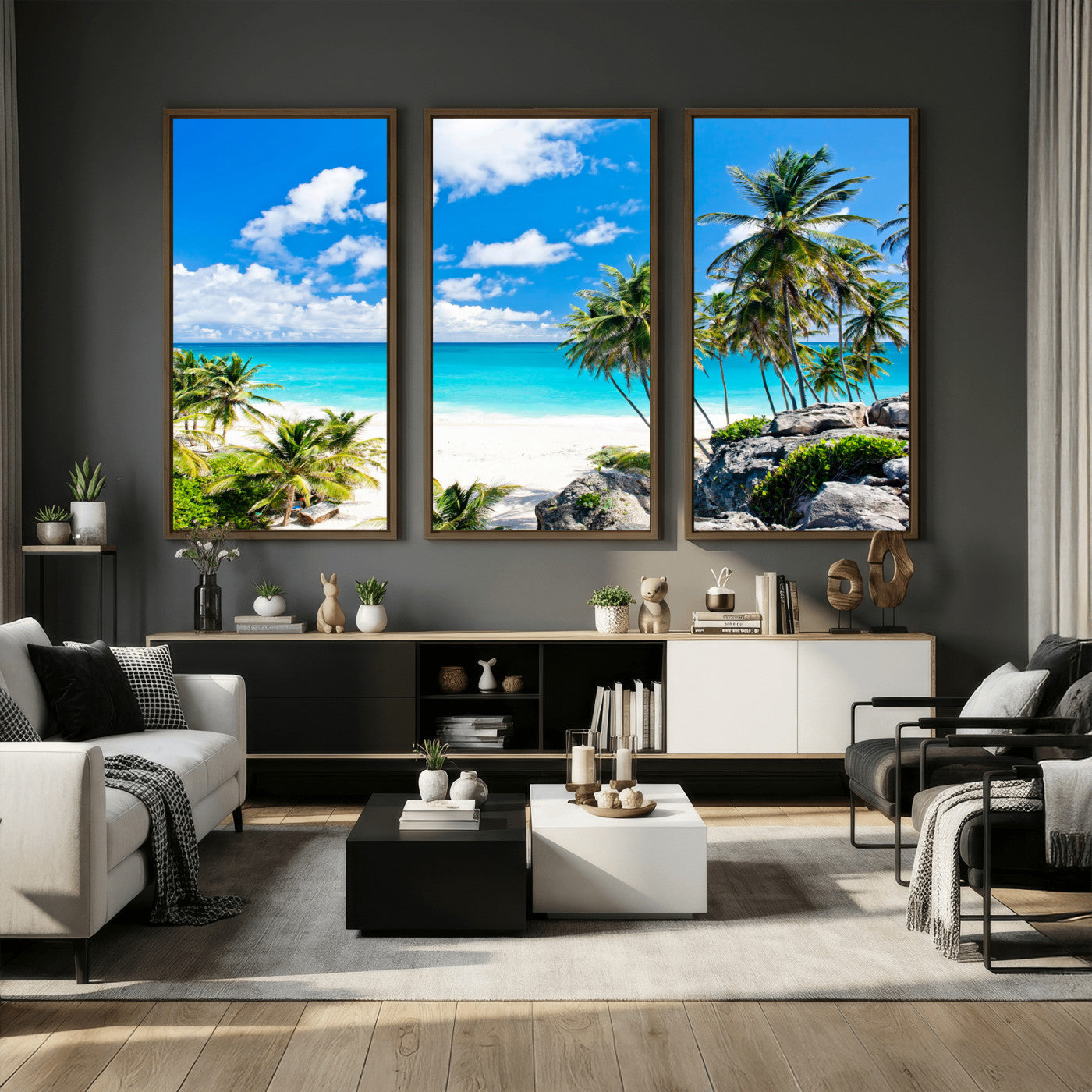 29232878-MGV-CV-36X24 - Barbados Beach Wall Art Canvas Print, Palm Tree Ocean Landscape, Turquoise Sea Coastal Photography, Tropical Island Wall Decor, Framed Ready to Hang