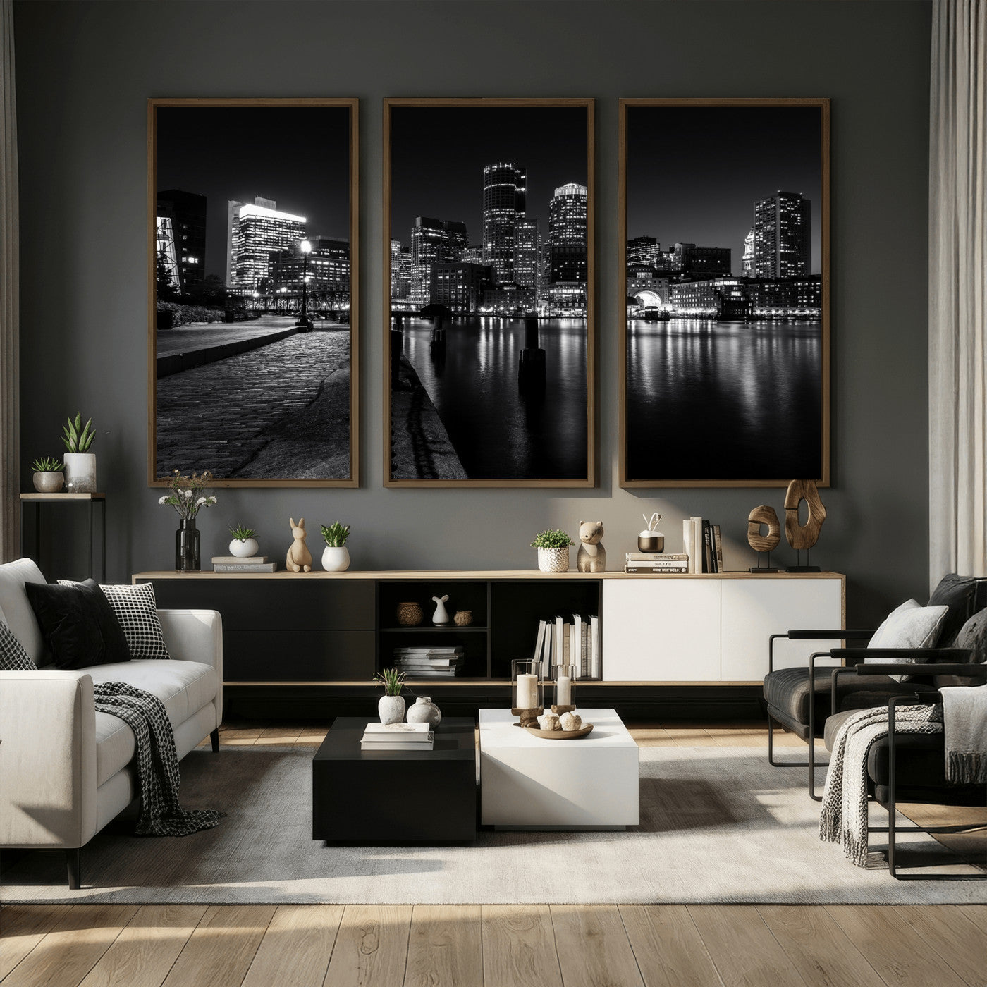 53082656-MGV-CV-36X24 - Boston Wall Art Canvas Print, Boston City Downtown Night Cityscape Print for Modern Urban Wall Decor