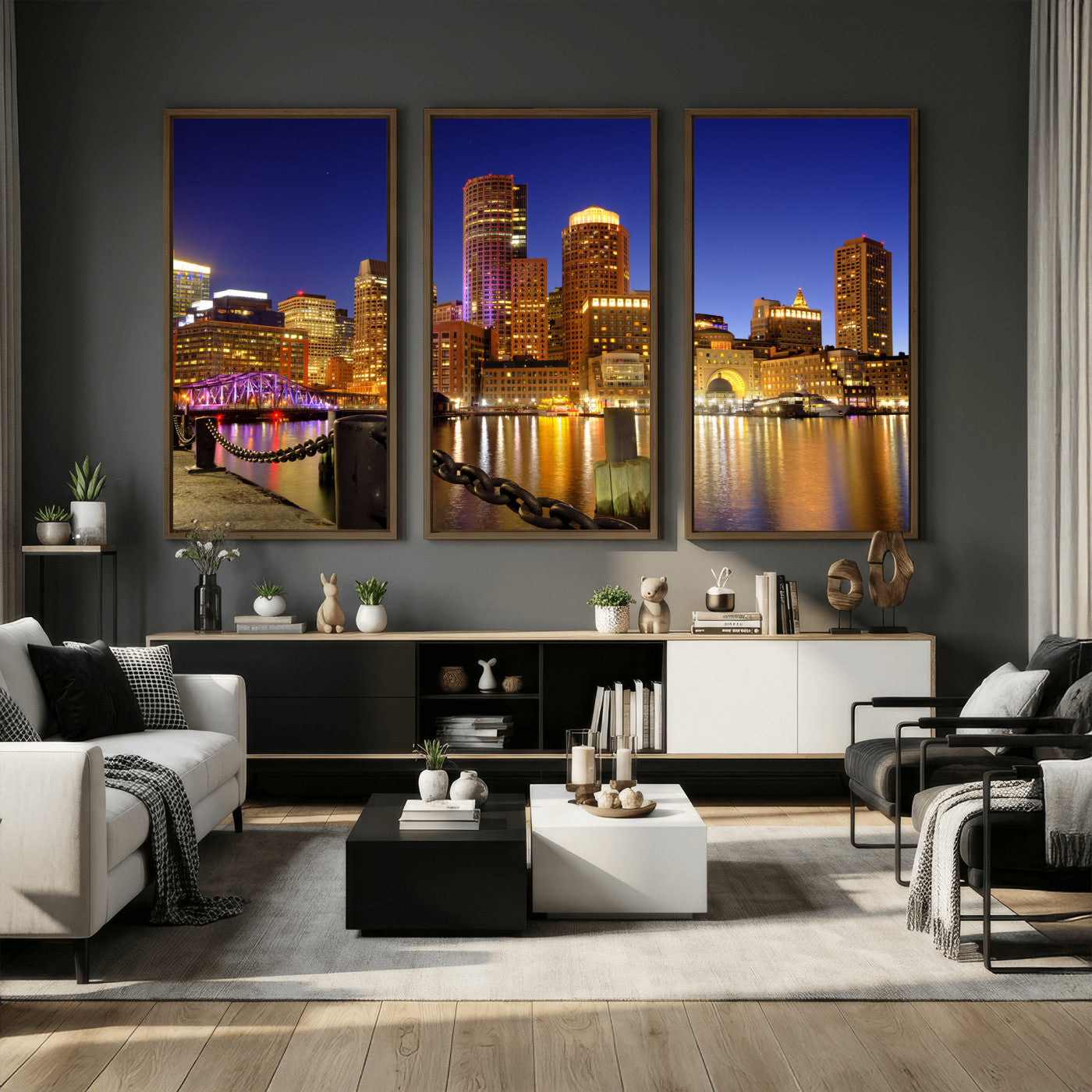 56611117-MGV-CV-36X24 - Boston Wall Art Canvas Print, Boston City Downtown Night Cityscape Print for Modern Urban Wall Decor