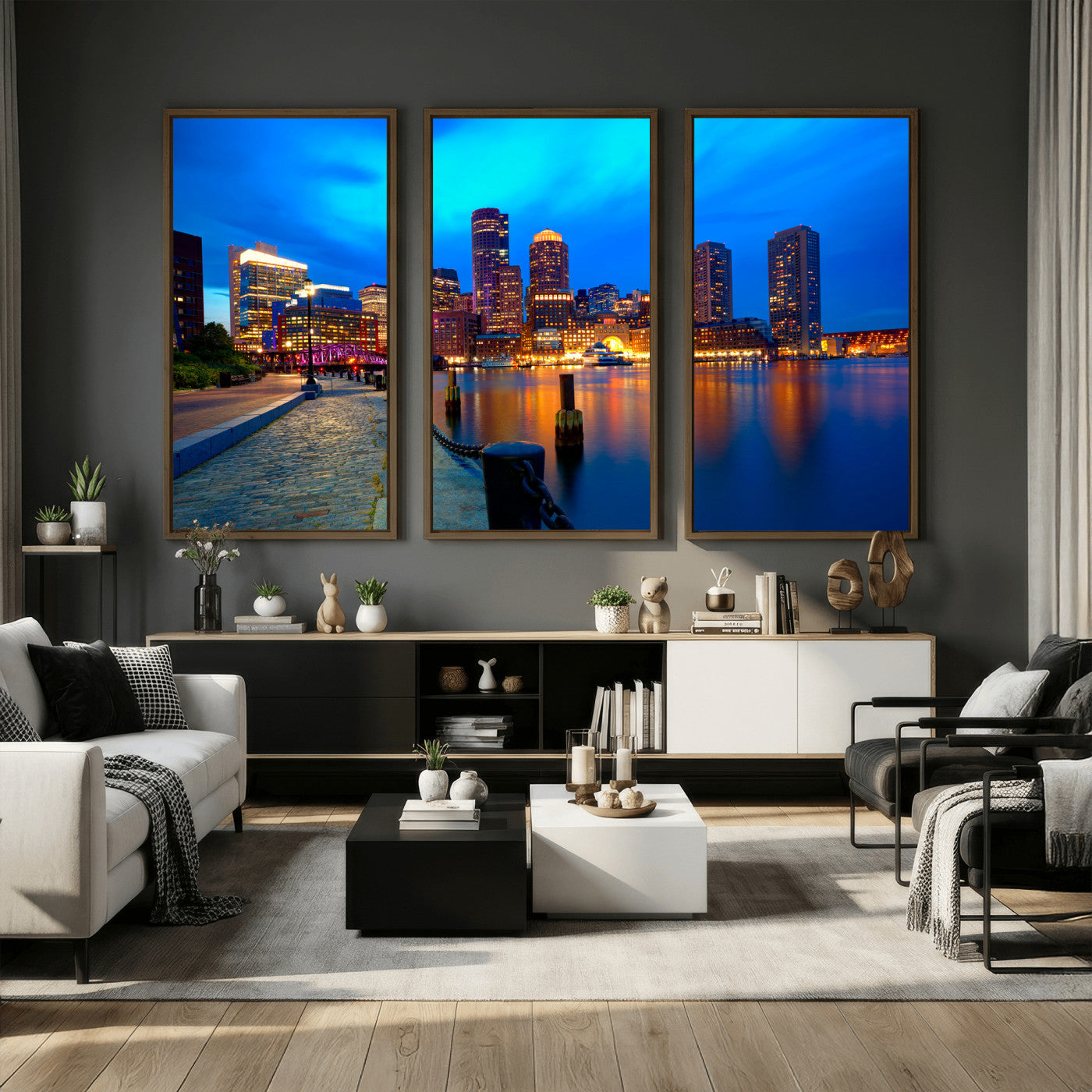 69619565-MGV-CV-36X24 - Boston Wall Art Canvas Print, Boston City Downtown Night Cityscape Print for Modern Urban Wall Decor