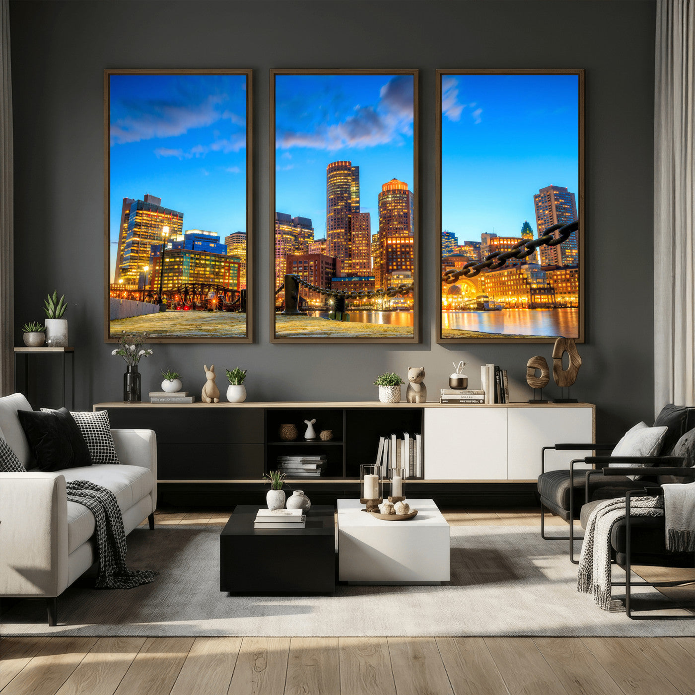 46736409-MGV-CV-36X24 - Boston Wall Art Canvas Print, Boston City Downtown Night Cityscape Print for Modern Urban Wall Decor