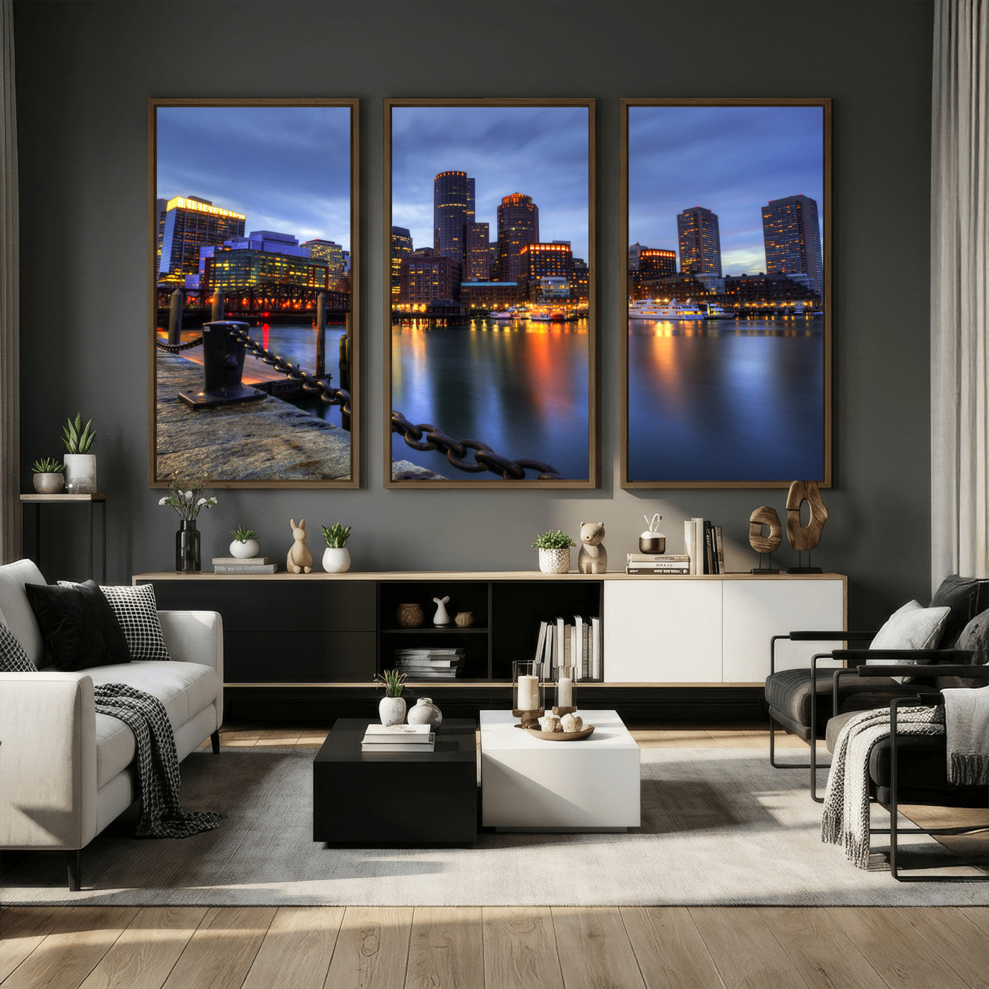 82439622-MGV-CV-36X24 - Boston Wall Art Canvas Print, Boston City Downtown Night Cityscape Print for Modern Urban Wall Decor