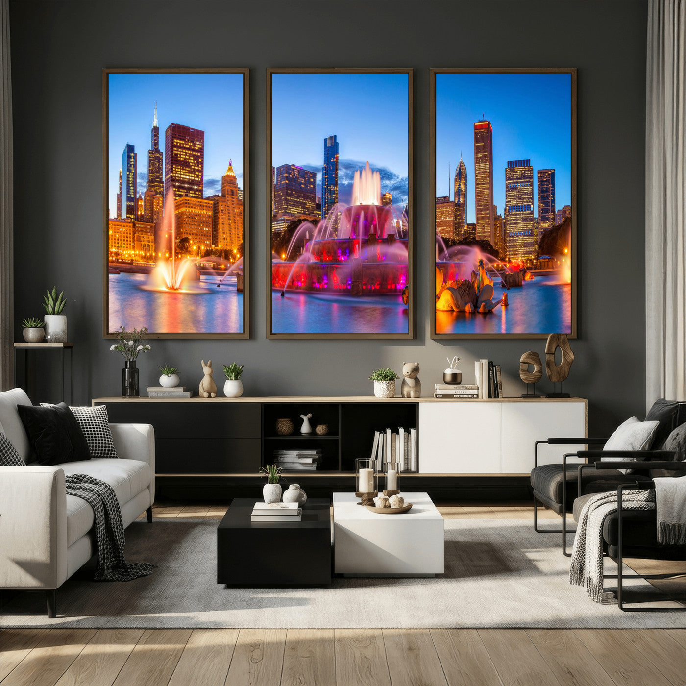 20251989-MGV-CV-36X24 - Chicago Wall Art Canvas Print, Chicago City Downtown Night Cityscape Print for Modern Urban Wall Decor