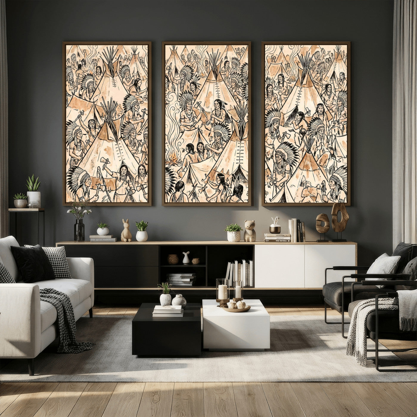 72739176-MGV-CV-36X24 - Farmhouse Animals Wall Art Canvas Print - Abstract Farm Animal Drawing Mid-Century Wall Art for Cabin Decor