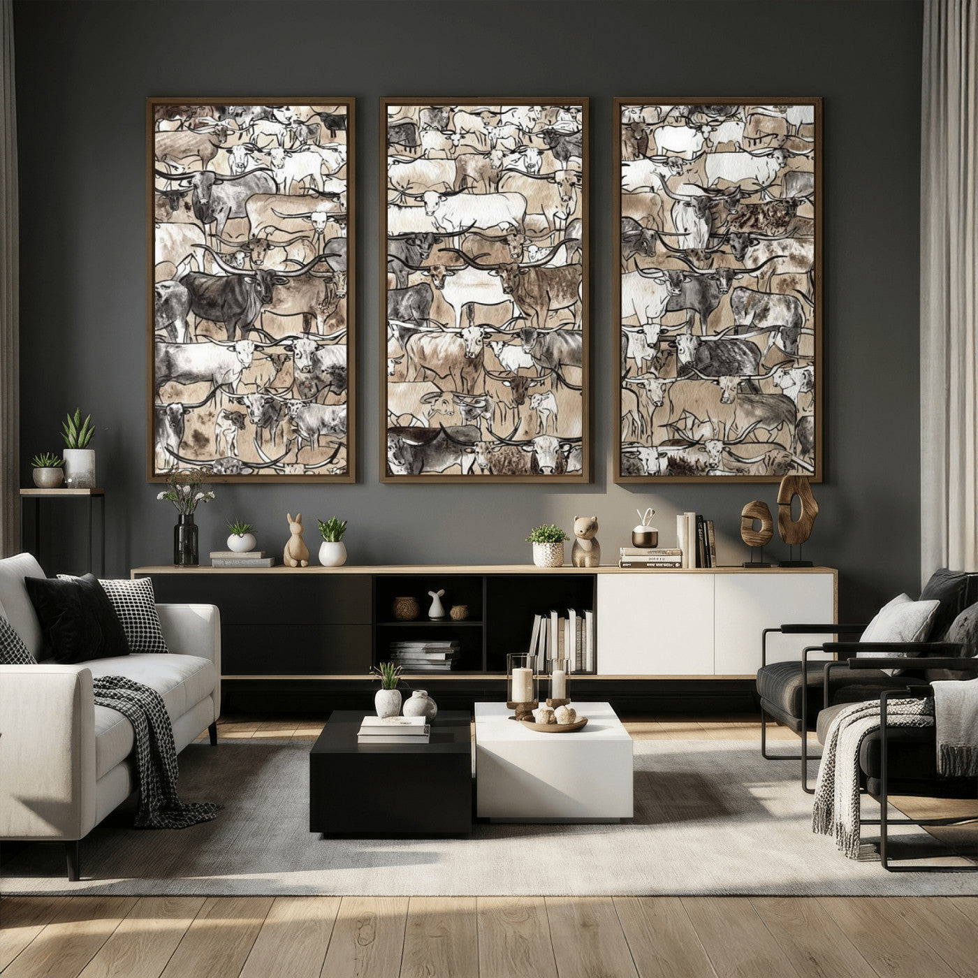 64368752-MGV-CV-36X24 - Farmhouse Animals Wall Art Canvas Print - Abstract Farm Animal Drawing Mid-Century Wall Art for Cabin Decor