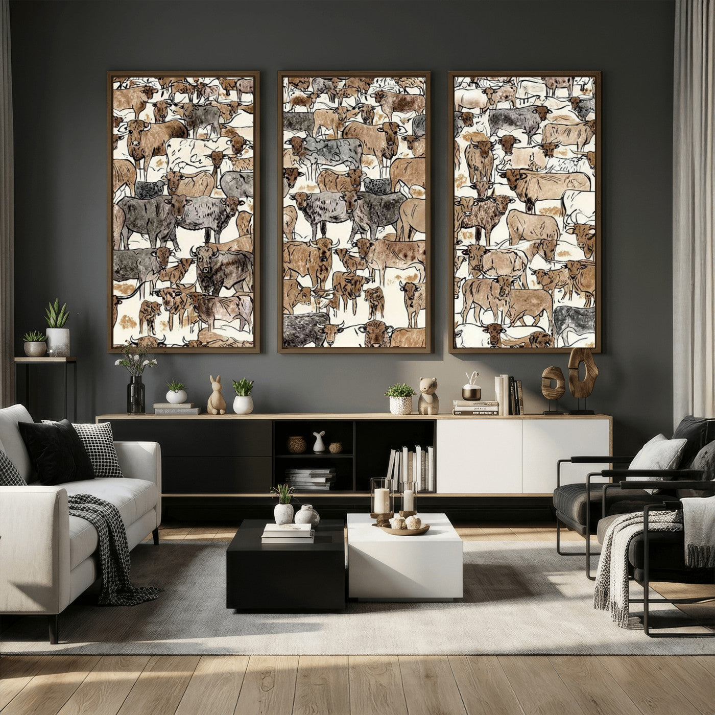 76902119-MGV-CV-36X24 - Farmhouse Animals Wall Art Canvas Print - Abstract Farm Animal Drawing Mid-Century Wall Art for Cabin Decor