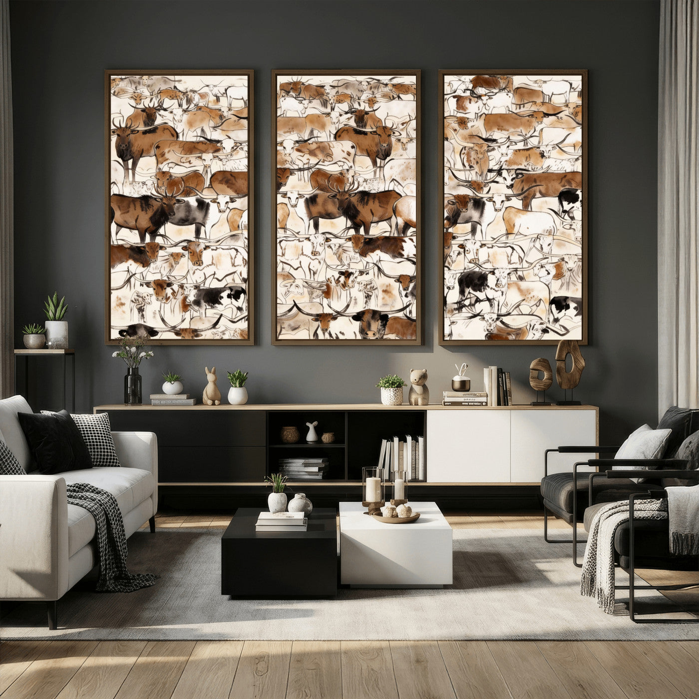 81416572-MGV-CV-36X24 - Farmhouse Animals Wall Art Canvas Print - Abstract Farm Animal Drawing Mid-Century Wall Art for Cabin Decor