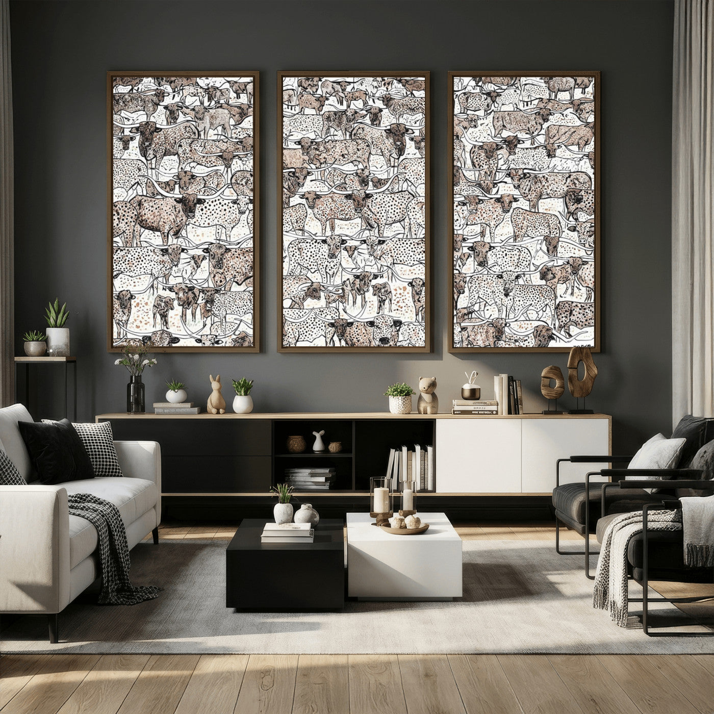 49200255-MGV-CV-36X24 - Farmhouse Animals Wall Art Canvas Print - Abstract Farm Animal Drawing Mid-Century Wall Art for Cabin Decor