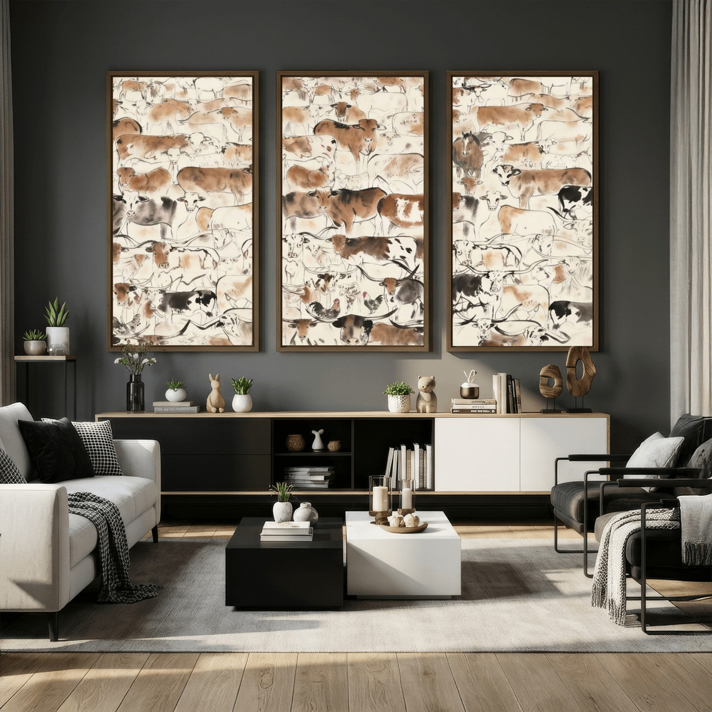 69961368-MGV-CV-36X24 - Farmhouse Animals Wall Art Canvas Print - Abstract Farm Animal Drawing Mid-Century Wall Art for Cabin Decor