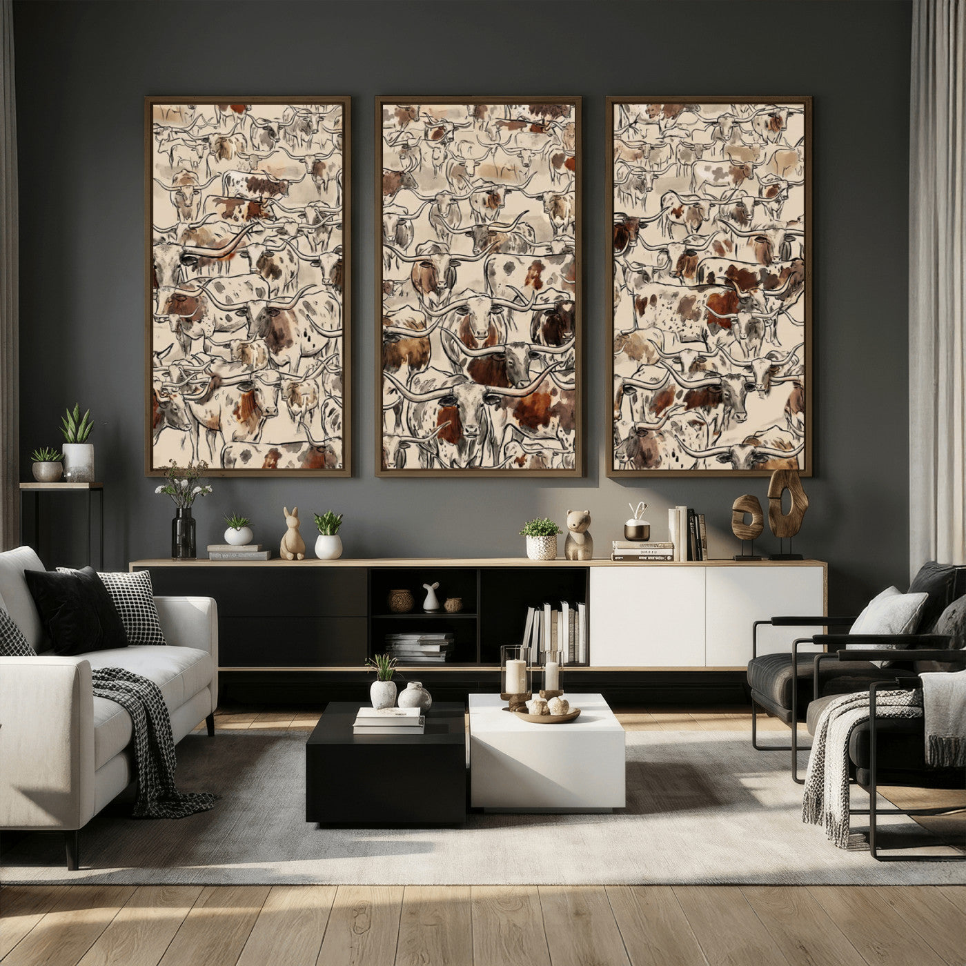 94808502-MGV-CV-36X24 - Farmhouse Animals Wall Art Canvas Print - Abstract Farm Animal Drawing Mid-Century Wall Art for Cabin Decor