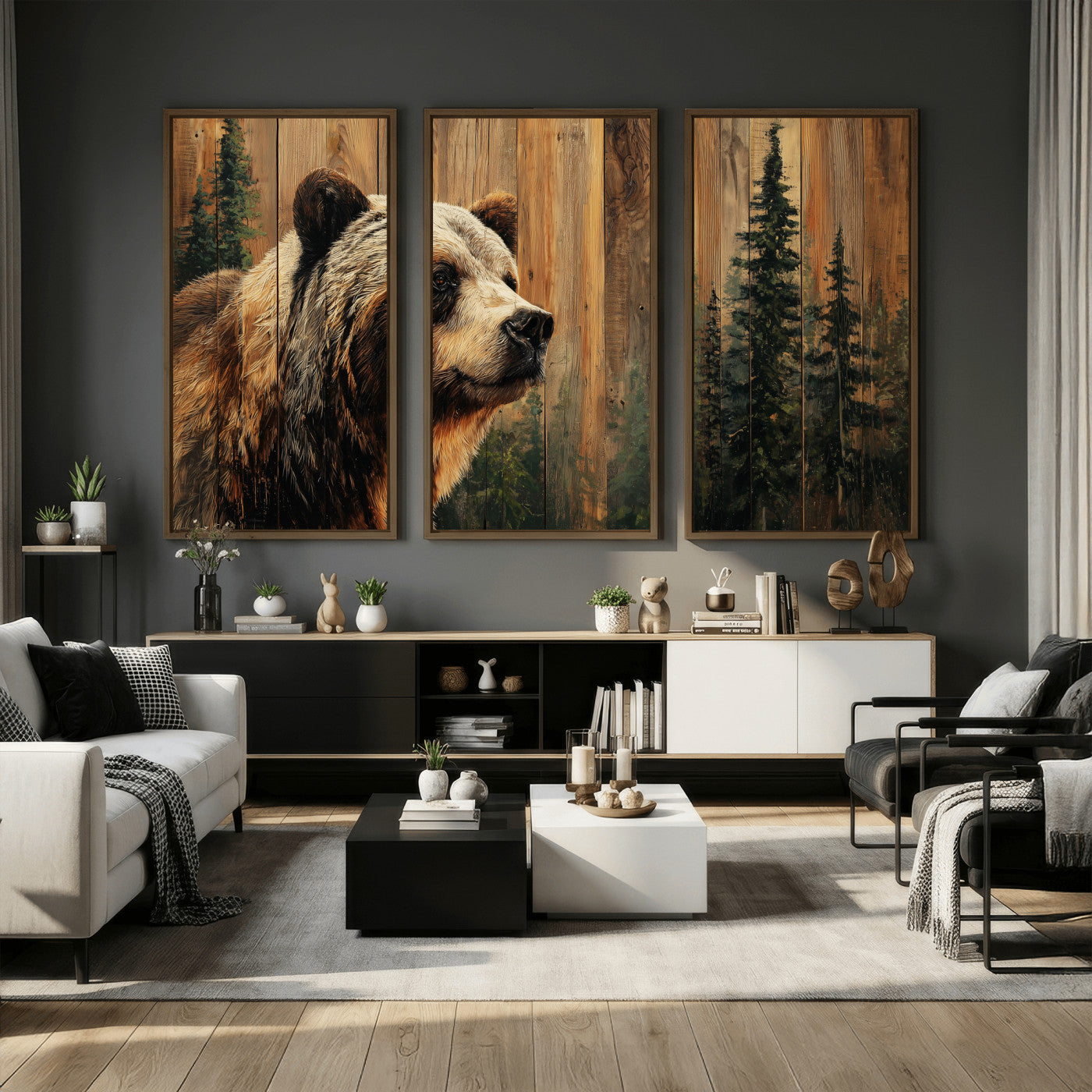 75645180-MGV-CV-36X24 - Grizzly Bear Wall Art Canvas Print, Rustic Wildlife Bear Artwork, Forest Animal Painting, Cabin Lodge Nature Wall Decor