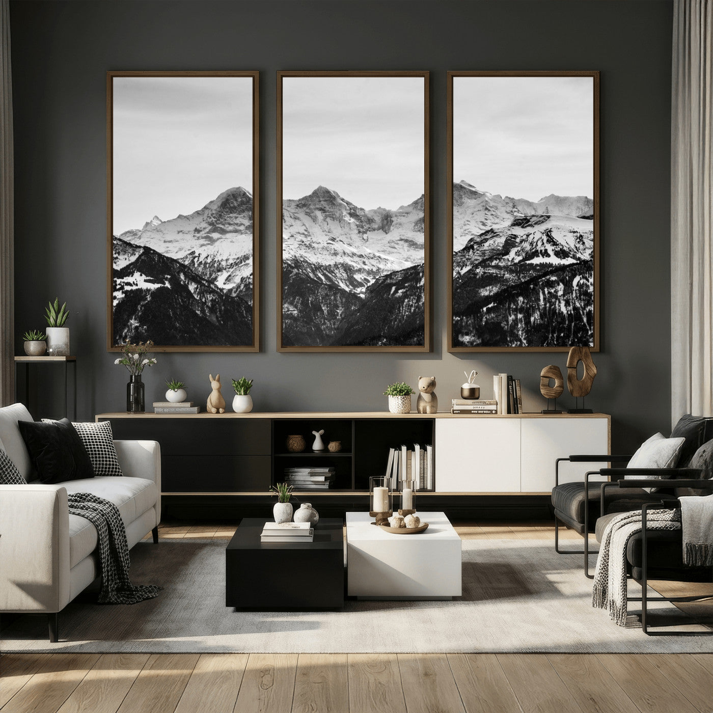 85684934-MGV-CV-36X24 - Black and White Mountain Wall Art Canvas Print, Snowy Alpine Peaks Landscape Photography, Minimal Monochrome Mountain Art, Scenic Nature Wall Decor