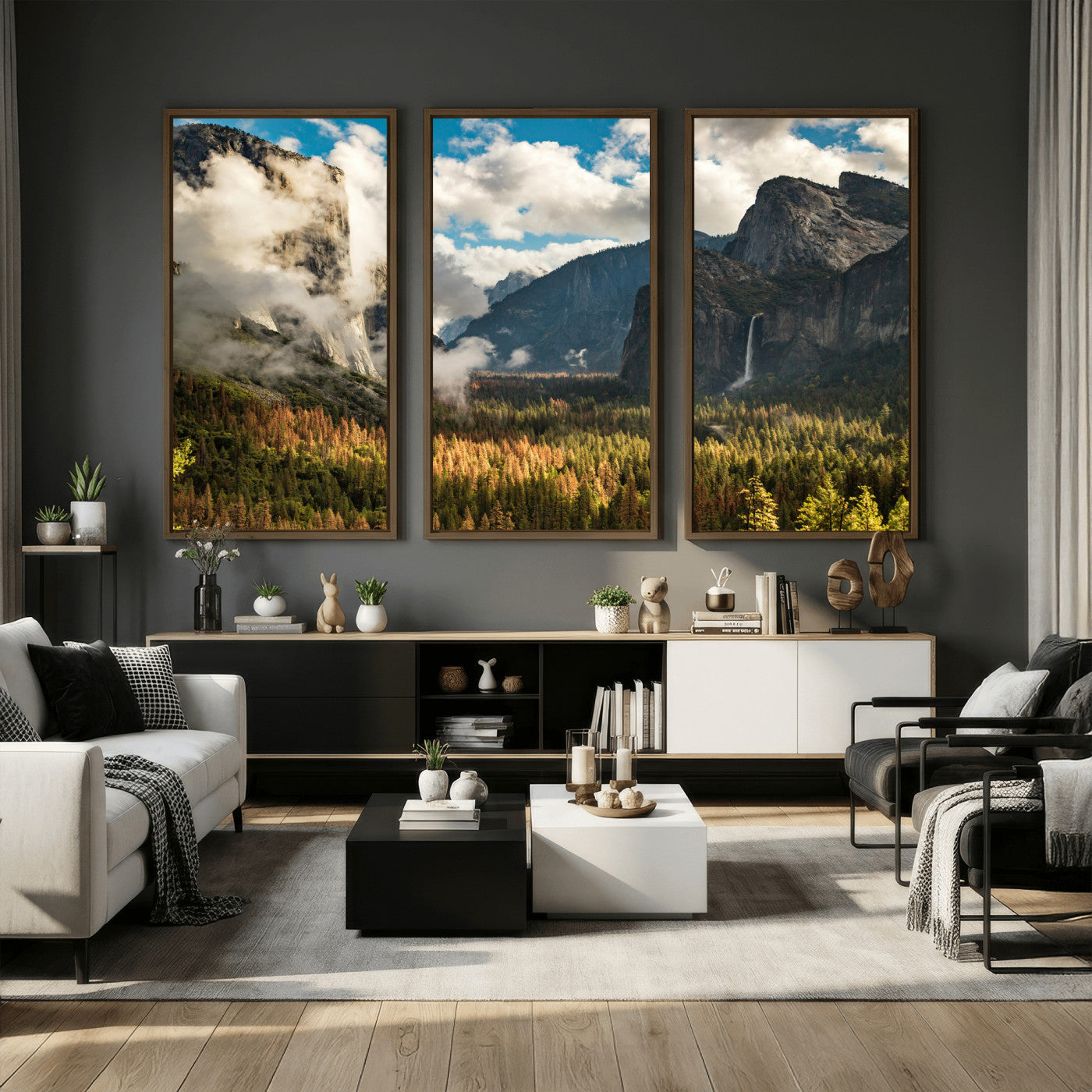 18271001-MGV-CV-36X24 - Yosemite Valley River Landscape Wall Art Canvas Print, Granite Cliffs Forest River Canvas Print, California National Park Moody Scenic Art Printi