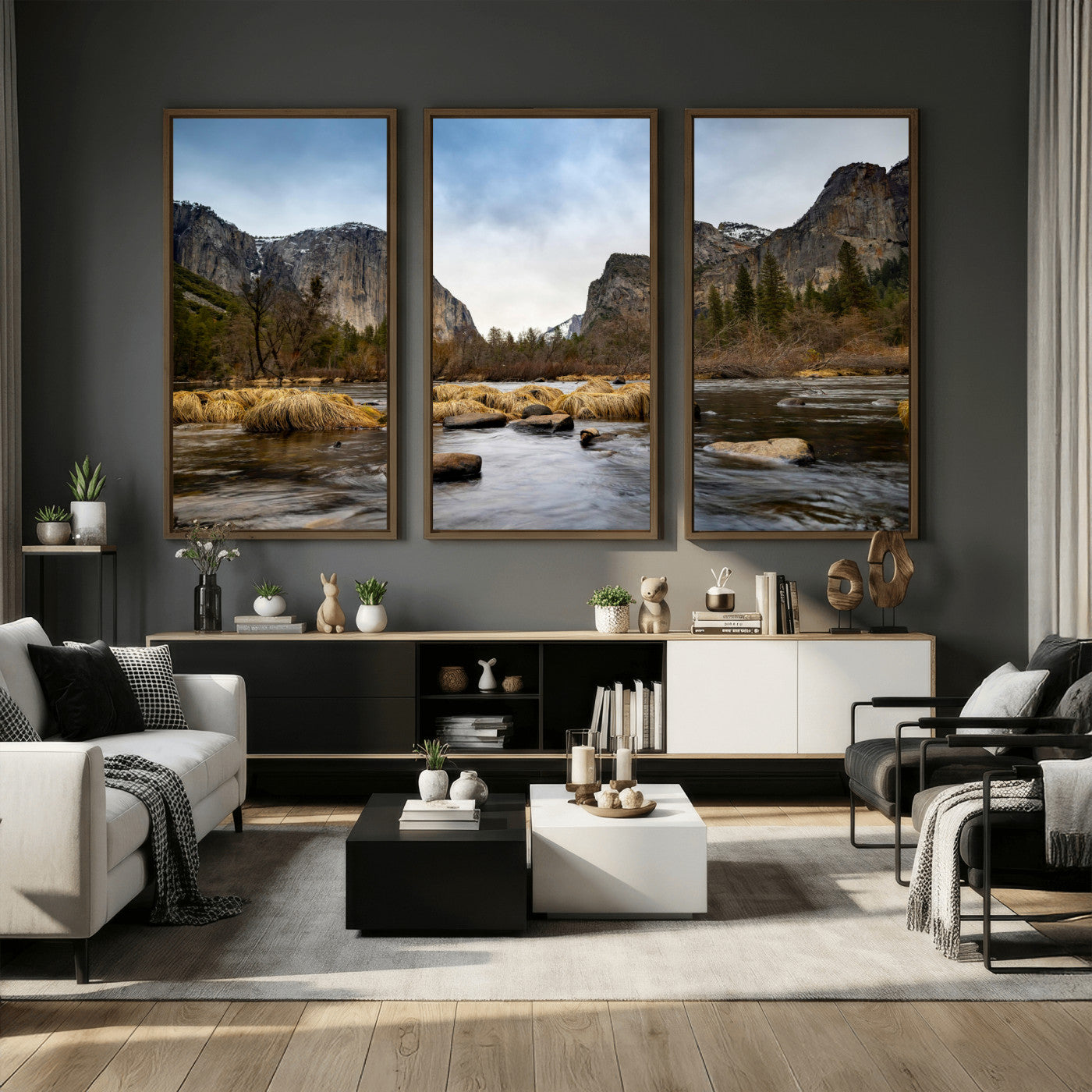 20458404-MGV-CV-36X24 - Yosemite Valley Mountain Landscape Wall Art Canvas Print, Granite Cliff Forest Valley Canvas Print, California National Park Scenic Art Printing