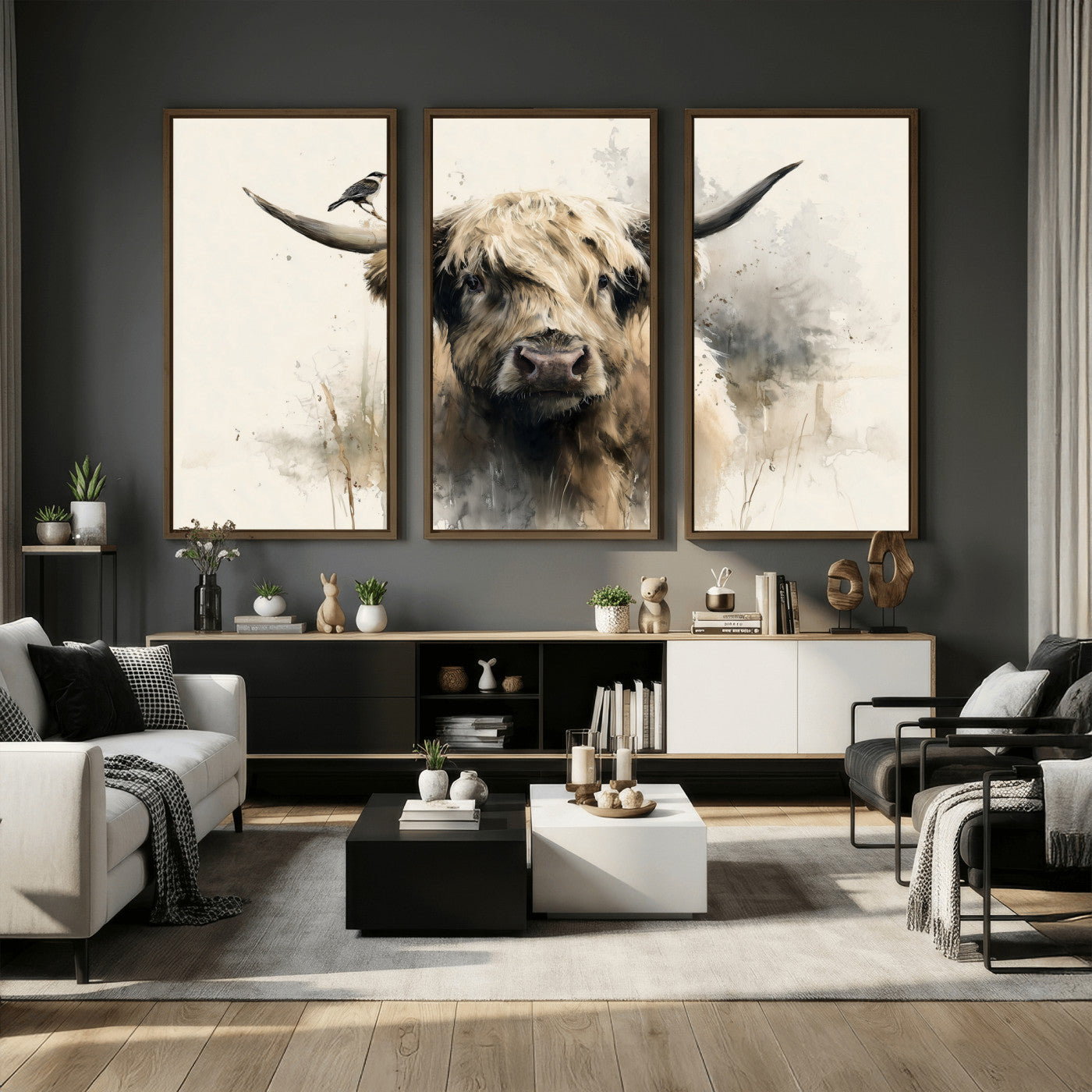 98249290-MGV-CV-36X24 - Abstract Highland Cow Watercolor Animal Wall Art Canvas Print, Rustic Farm Cattle Portrait Canvas Print, Neutral Wildlife Farmhouse Art Printing