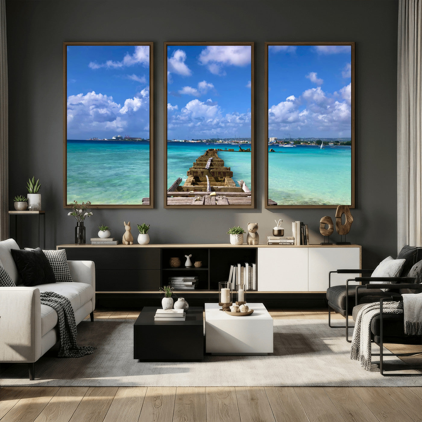 43165024-MGV-CV-36X24 - Caribbean Ocean Pier Seascape Wall Art Canvas Print, Turquoise Sea Tropical Harbor Canvas Print, Island Coastal Blue Water Scenic Art Printing