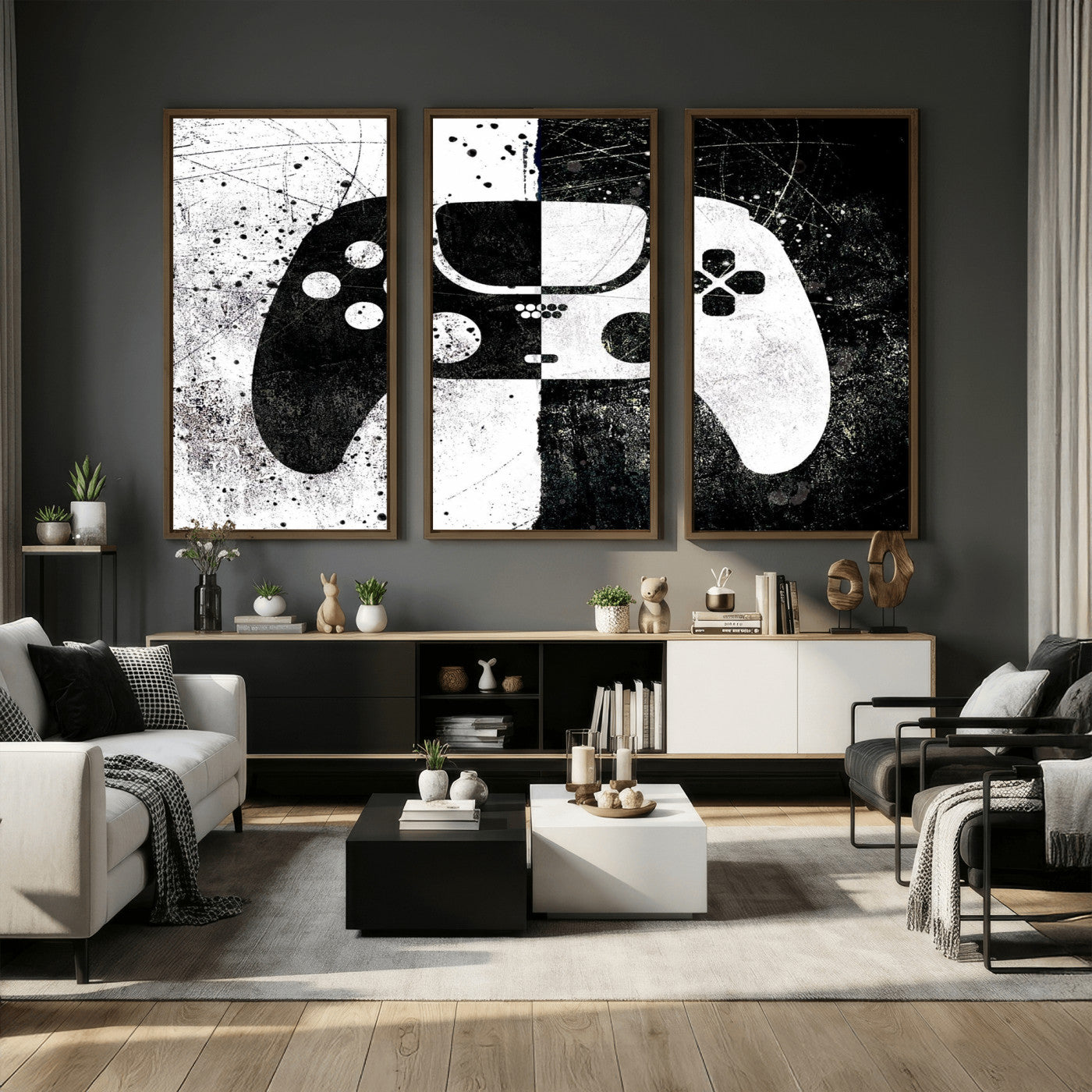 17525128-MGV-CV-36X24 - Abstract Gaming Controller Wall Art Canvas Print, Black White Video Game Controller Modern Canvas Print, Minimal Gamer Graphic Art Printing