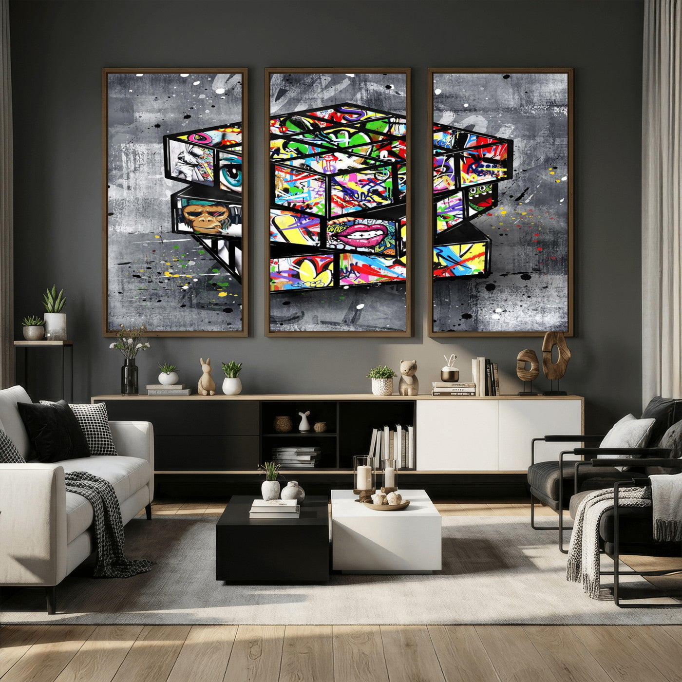 46789556-MGV-CV-36X24 - Graffiti Cube Abstract Street Art Wall Art Canvas Print, Colorful Urban Pop Art Geometric Canvas Print, Modern Street Art Contemporary Art Printing