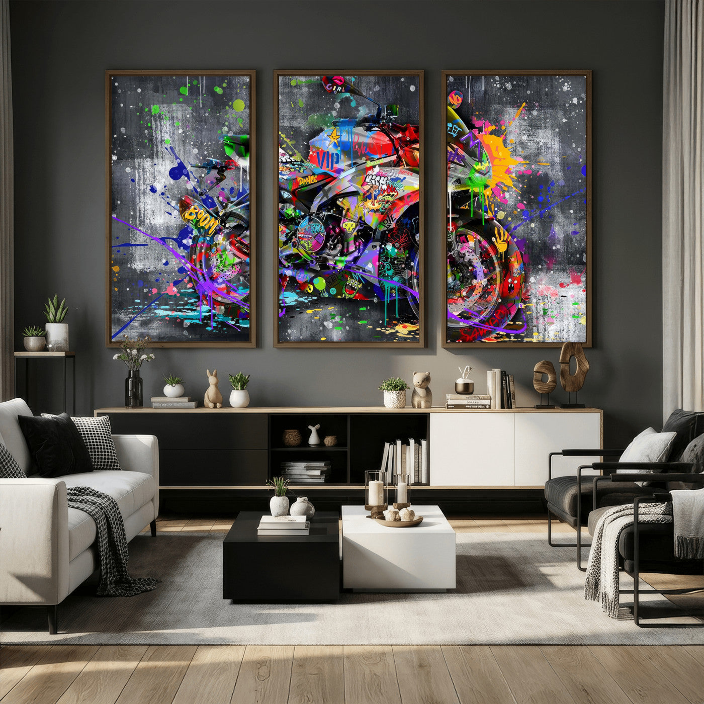 83021767-MGV-CV-36X24 - Graffiti Motorcycle Wall Art Canvas Print, Urban Street Art Motorbike Decor, Colorful Graffiti Sports Bike Artwork