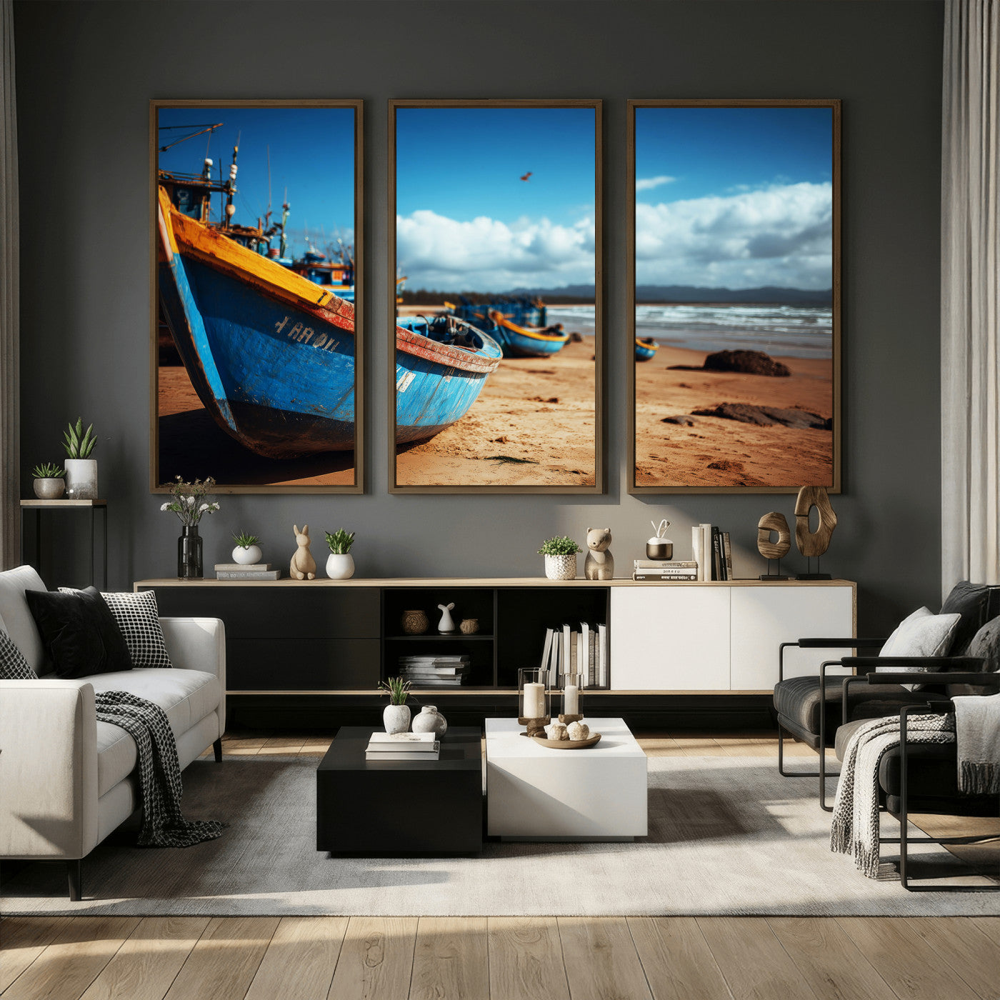 70925201-MGV-CV-36X24 - Fishing Boats Wall Art Canvas Print, Coastal Boat Beach Scene, Nautical Seaside Artwork, Ocean Shore Decor, Coastal Home Wall Art