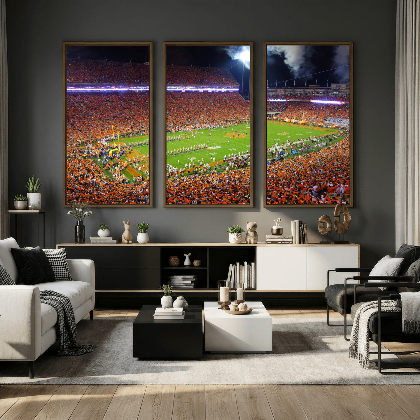 43662631-MGV-CV-36X24 - Clemson Football Stadium Wall Art Canvas Print, College Football Crowd Night Game Scene, Orange Stadium Panorama Wall Decor