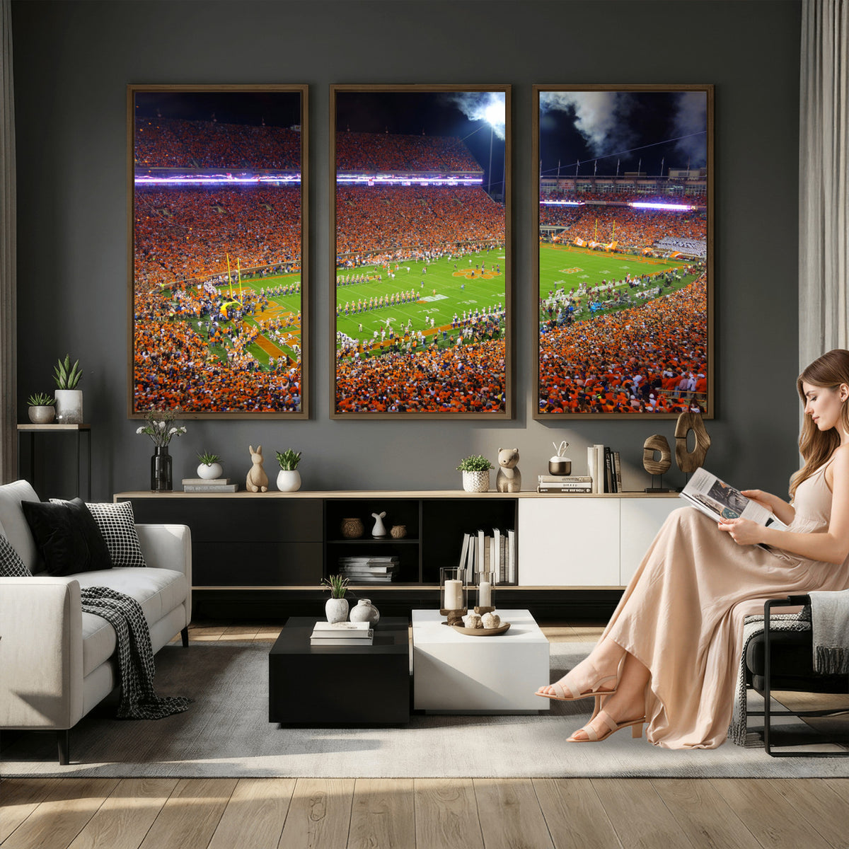 43662631-MGV-CV-36X24 - Clemson Football Stadium Wall Art Canvas Print, College Football Crowd Night Game Scene, Orange Stadium Panorama Wall Decor