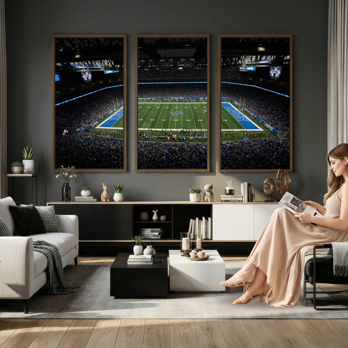 16709602-MGV-CV-36X24 - Detroit Lions Stadium Wall Art Canvas Print, Football Field Panorama