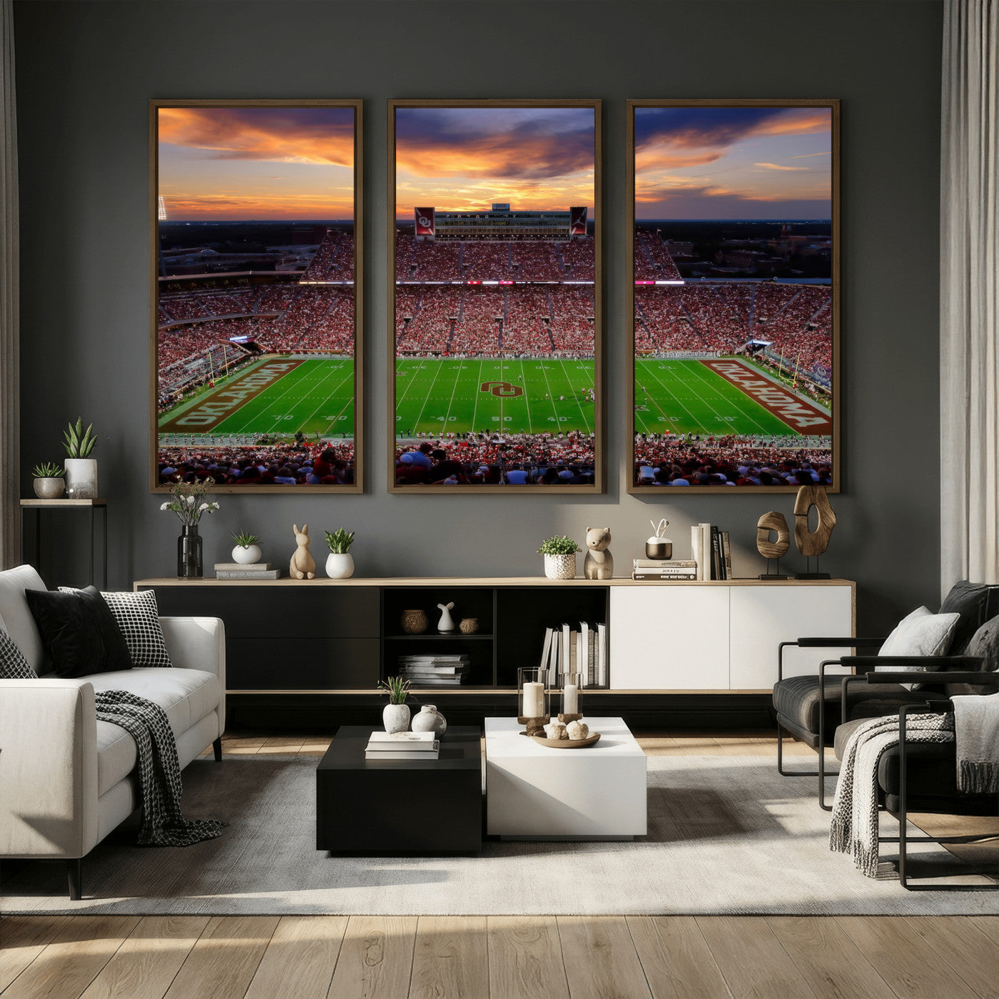 51457497-MGV-CV-36X24 - Oklahoma Sooners Stadium Wall Art Canvas Print, College Football Sunset Game Scene, OU Football Field Panorama Wall Decor