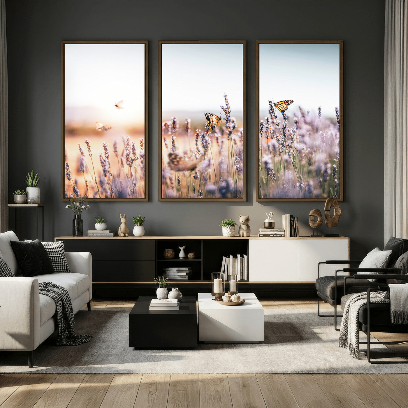 46417478-MGV-CV-36X24 - Lavender Field Wall Art Canvas Print, Butterfly Floral Landscape Art, Soft Nature Wall Decor for Bedroom