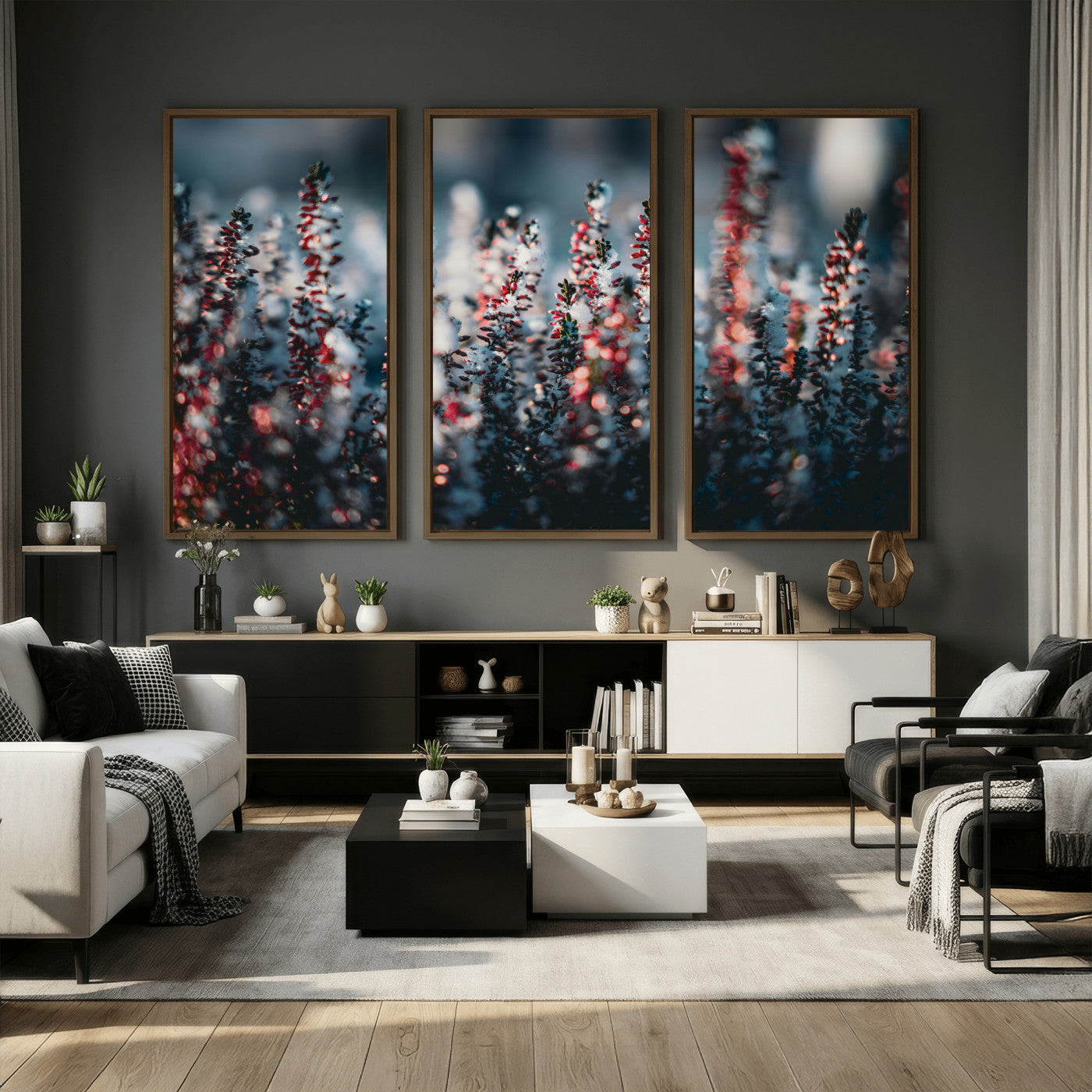 82063935-MGV-CV-36X24 - Winter Heather Wall Art Canvas Print, Frosted Floral Nature Art, Moody Botanical Wall Decor