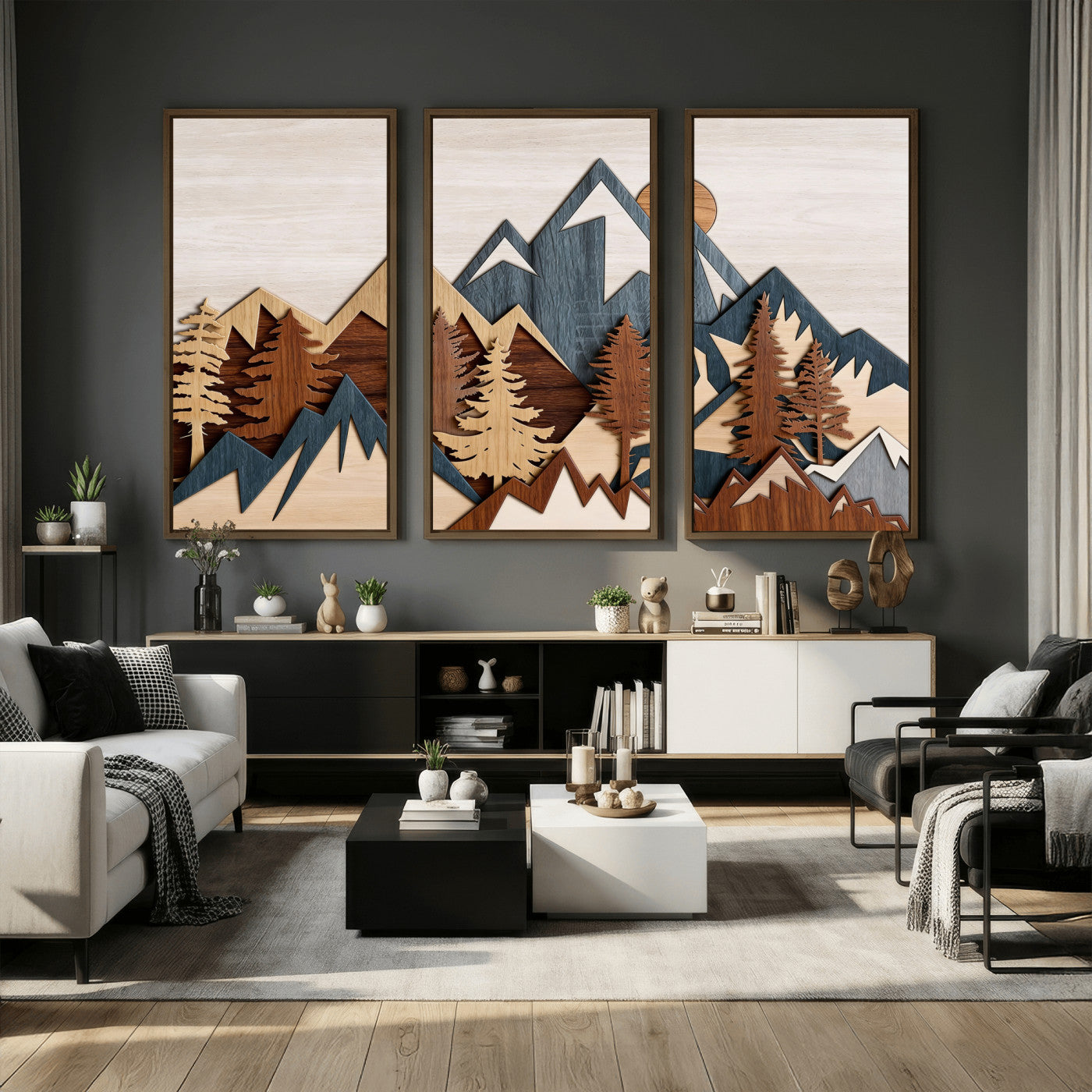 39888898-MGV-CV-36X24 - Layered Wooden Mountain Wall Art Canvas Print, Modern Rustic Forest and Pine Landscape Wall Decor